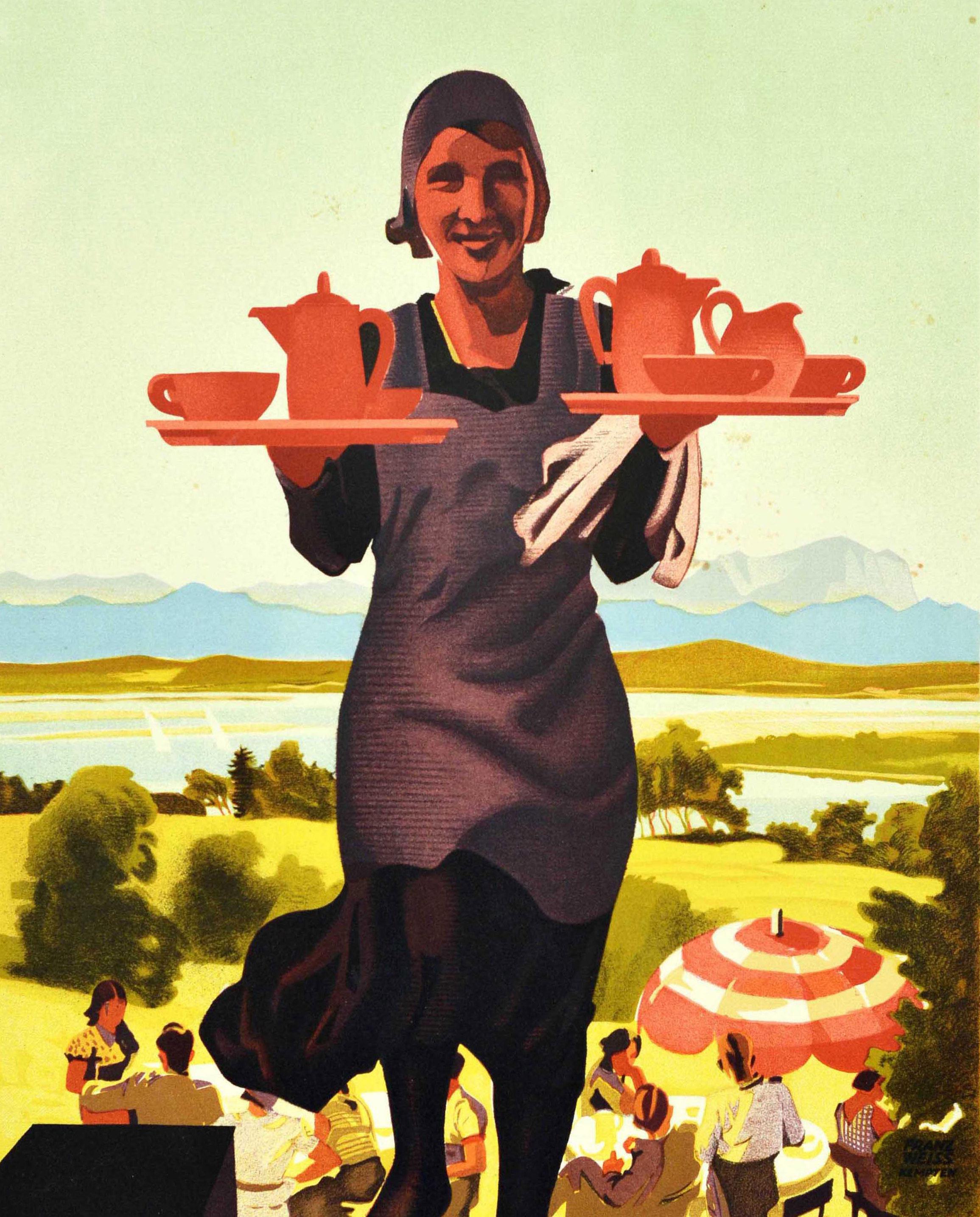 Original vintage poster for the Forsthaus Ilkahohe forester's house restaurant in Oberzeismering near Tutzing in Bavaria Germany. Great Art Deco design featuring a smiling lady in an apron carrying coffee and tea pots and cups on trays walking up