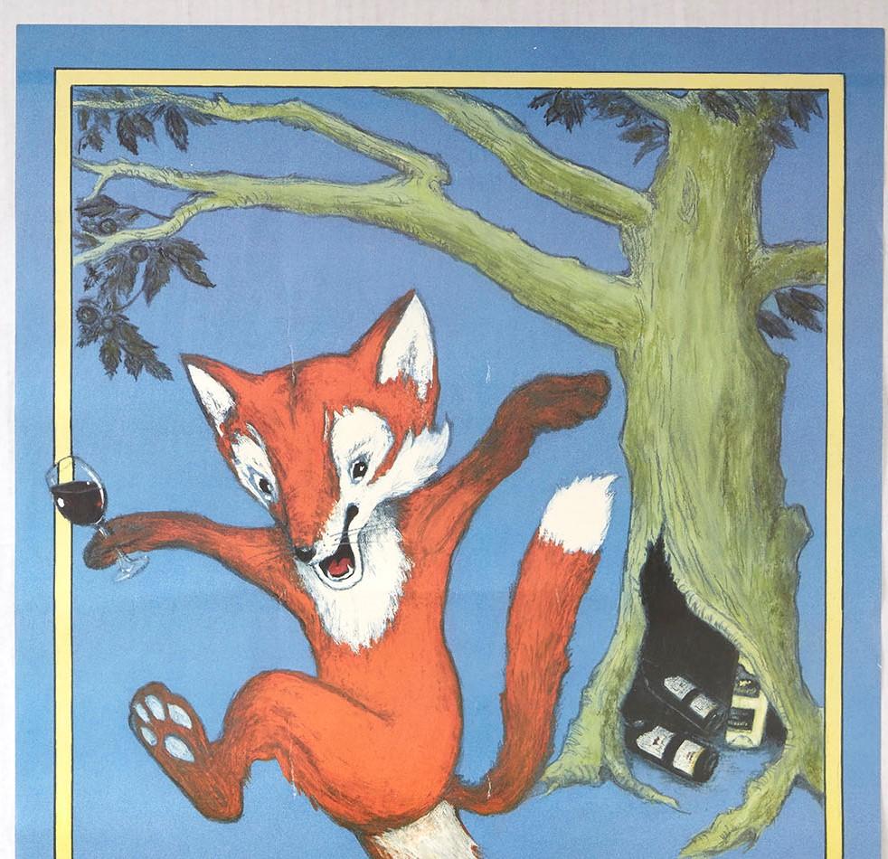 Original vintage alcohol drink poster advertising Fox Creek Wines McLaren Vale South Australia featuring a fun and colourful design by the French artist Jean-Pierre Got (b 1951), showing a happy fox jumping with joy whilst holding a glass of red