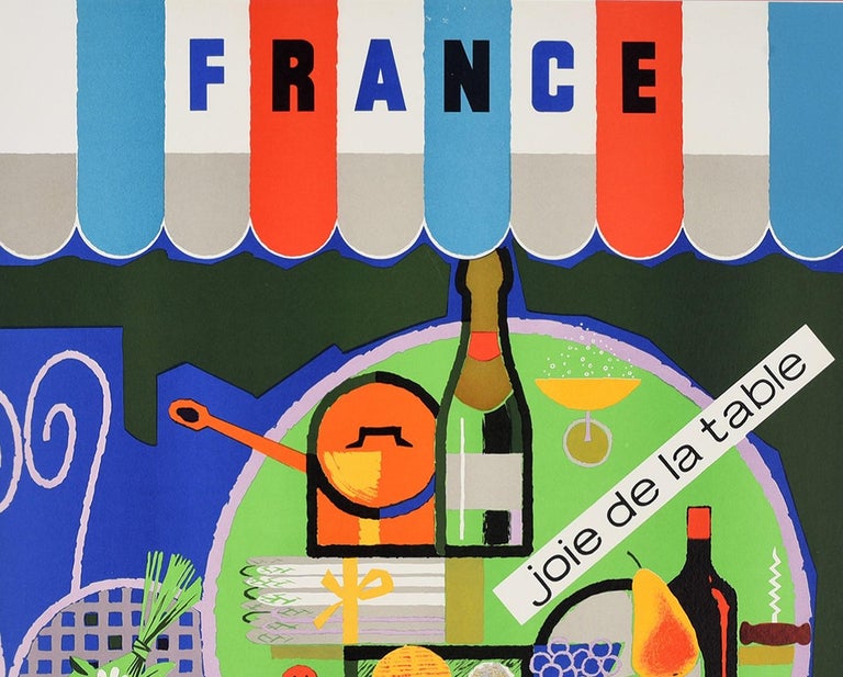 Original vintage poster for France - Joie de la table Joie de Vivre! / Joy of the table Joy of Life! - featuring colourful artwork depicting food and drink on an outdoor cafe table laden with traditional French cuisine including a bottle of wine