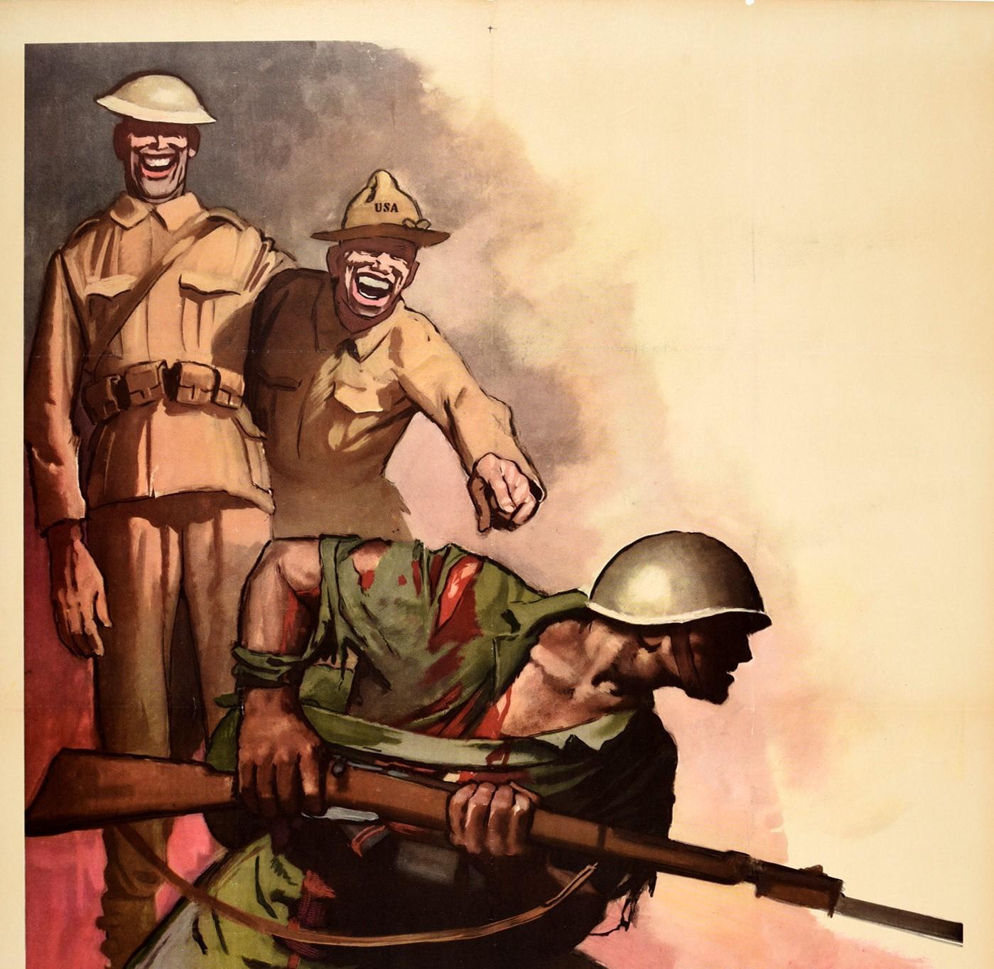 Original vintage fascist Italian World War Two poster - Fratricidio! / Fratricide - featuring an Italian soldier wearing a torn and bloodied uniform and holding his rifle gun forward as he moves forward on his knees in front of two characters in