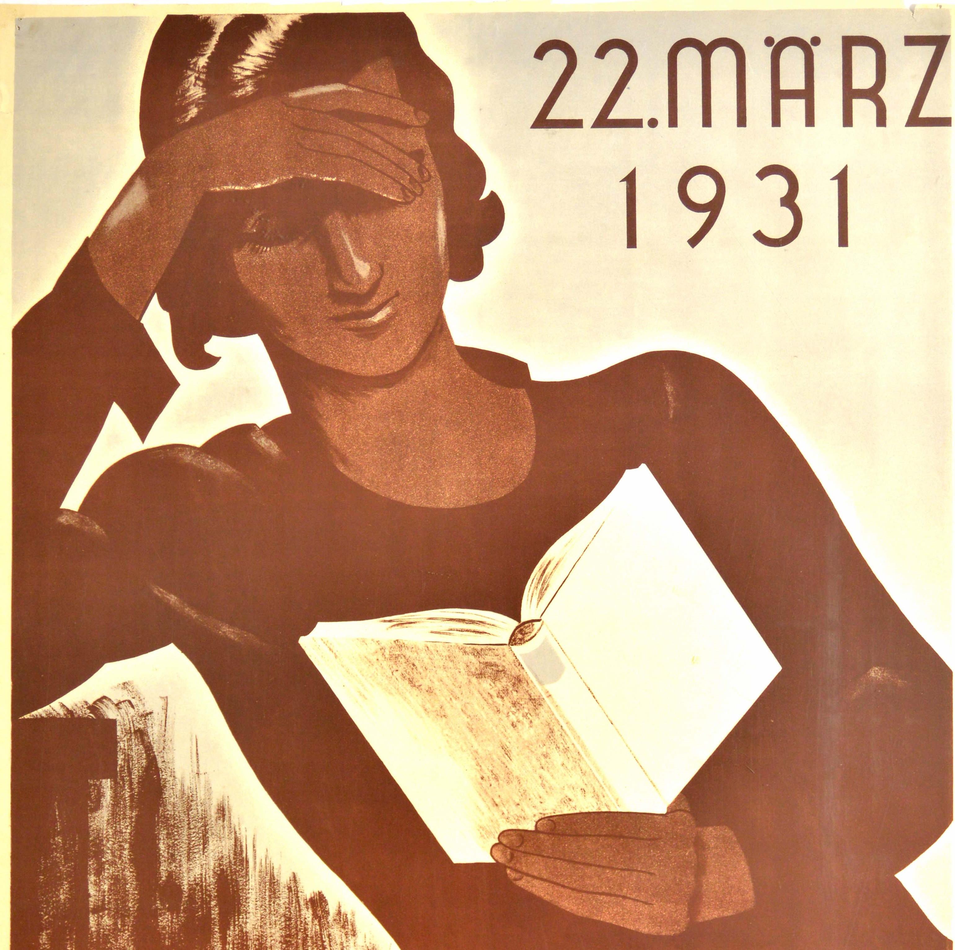 Original vintage poster - Frau und Buch / Lady and a book - for an event on 22 March 1931 featuring a young lady with fashionable short hair reading a book and leaning her head against her right hand with the Art Deco style lettering above and