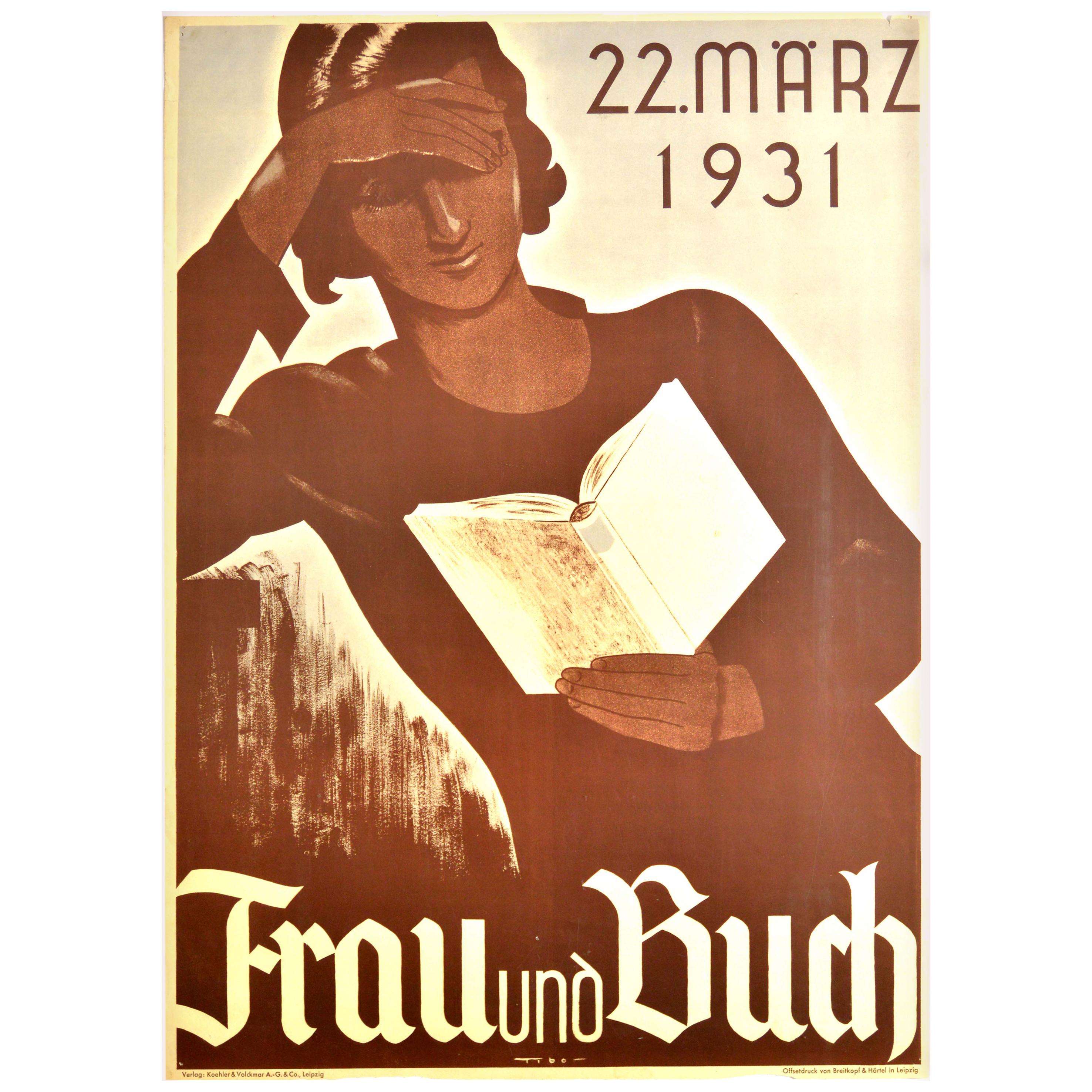 Affiche vintage d'origine Frau Und Buch Lady Reading A Book Art deco, 22 mars 1931
