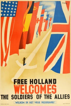 Cartel Original Vintage Holanda Libre Da La Bienvenida A Los Soldados De Los Aliados II Guerra Mundial