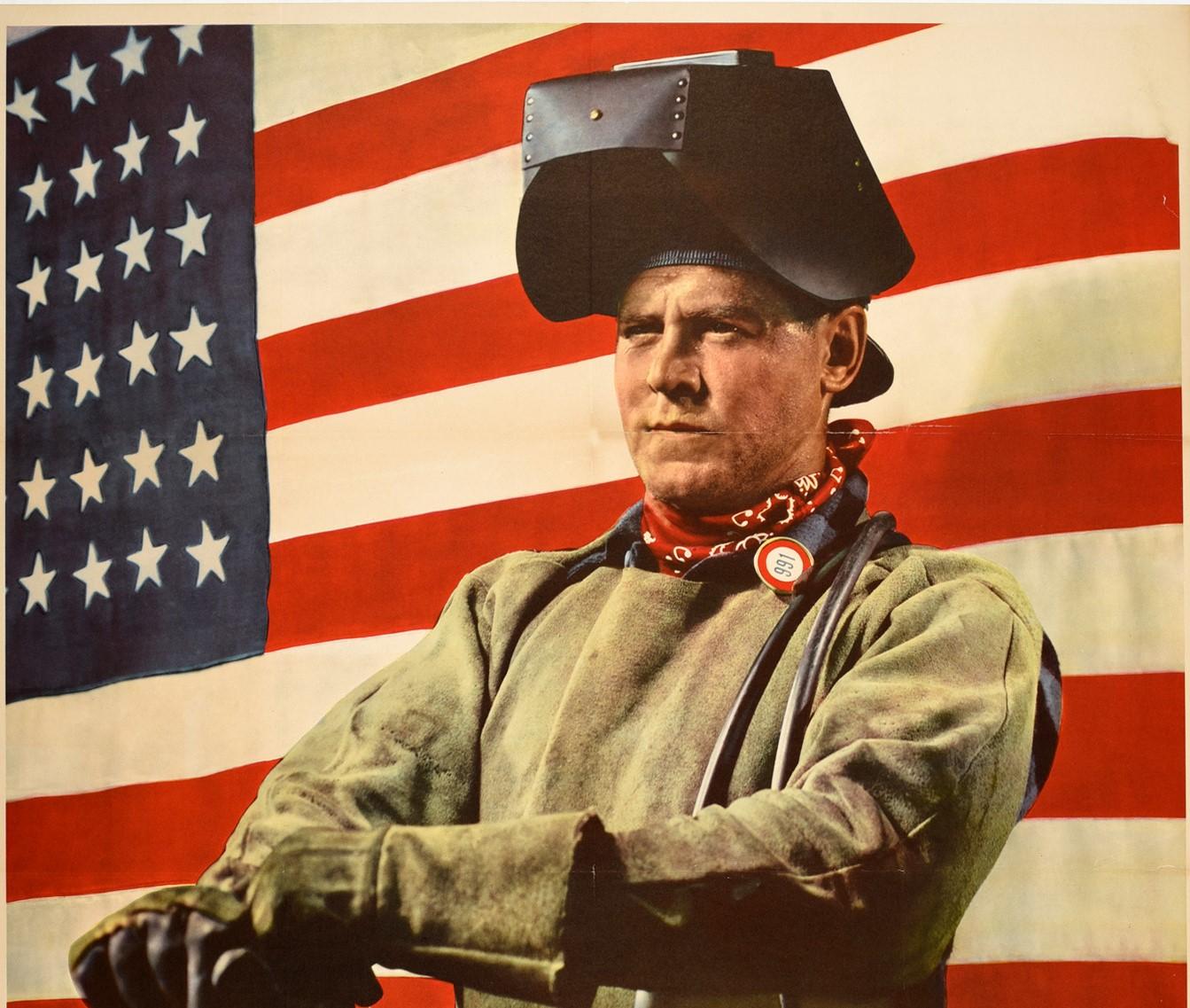 Affiche américaine originale de la Seconde Guerre mondiale - Free Labor Will Win - publiée par le gouvernement américain et le War Production Board pour rappeler que les ennemis fascistes utilisaient l'esclavage pour leur effort de guerre (pendant