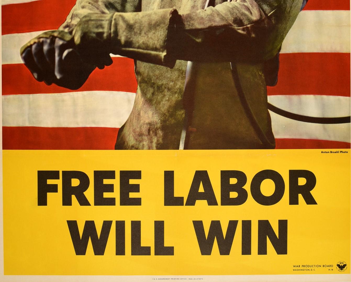 Américain Original Vintage Poster Free Labor Will Win WWII Home Front Propaganda USA Flag en vente