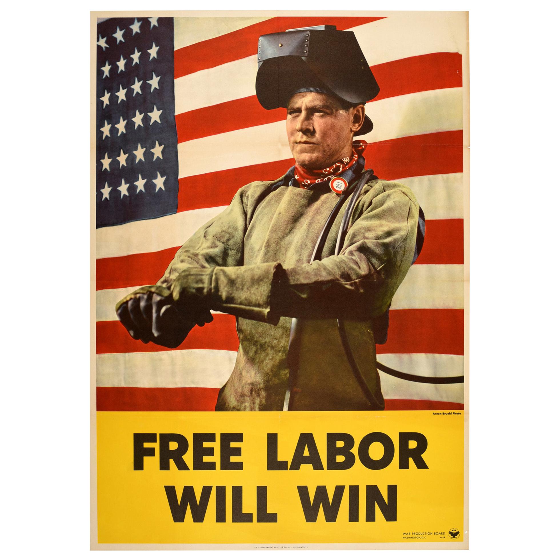 Original Vintage Poster Free Labor Will Win WWII Home Front Propaganda USA Flag en vente