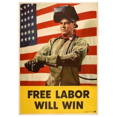 Original Vintage Poster Free Labor Will Win WWII Home Front Propaganda USA Flag