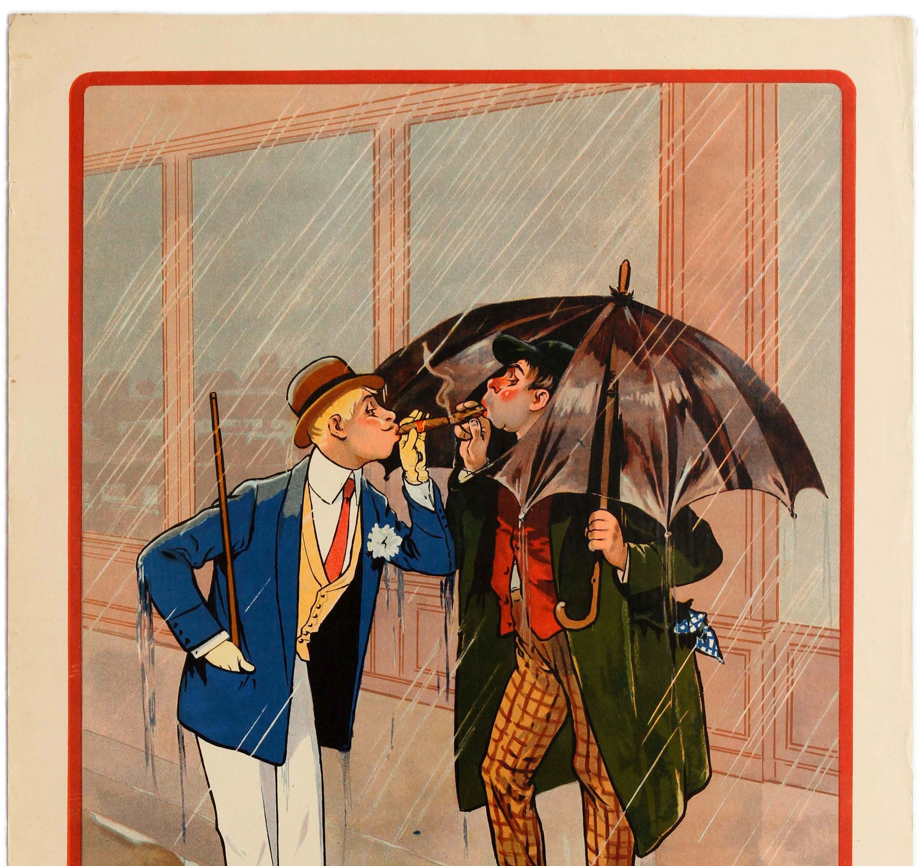 Original vintage smoking poster advertising Cigares Cyrano French cigars featuring a fun and colorful design depicting two men standing in the rain to light and smoke their cigars, a wealthy well dressed man in a suit and hat and holding a cane in