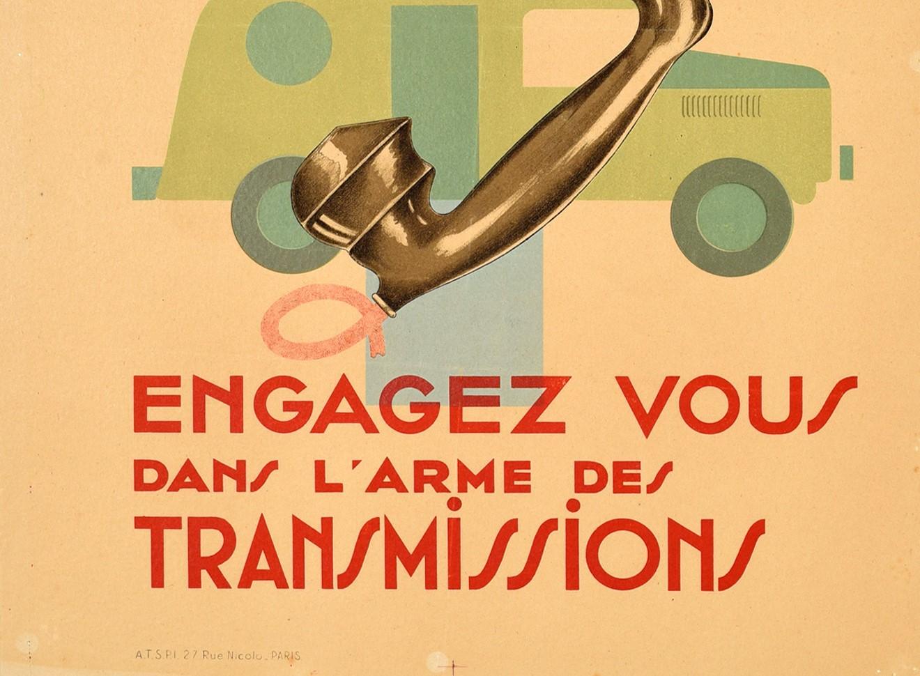 Art Deco Original Vintage Poster French Army Signal Corps Radio Telephone Communications For Sale