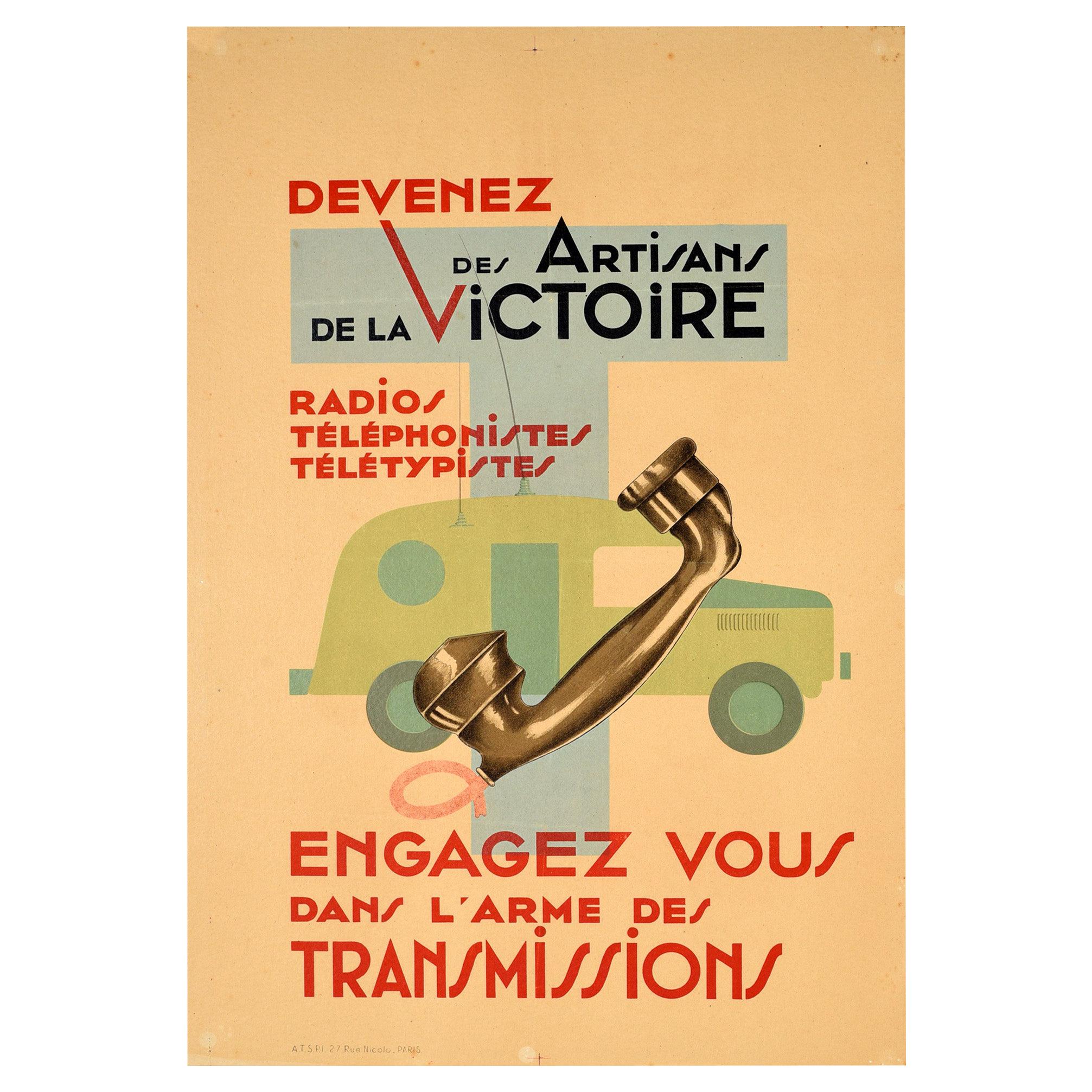 Original Vintage Poster French Army Signal Corps Radio Telephone Communications For Sale