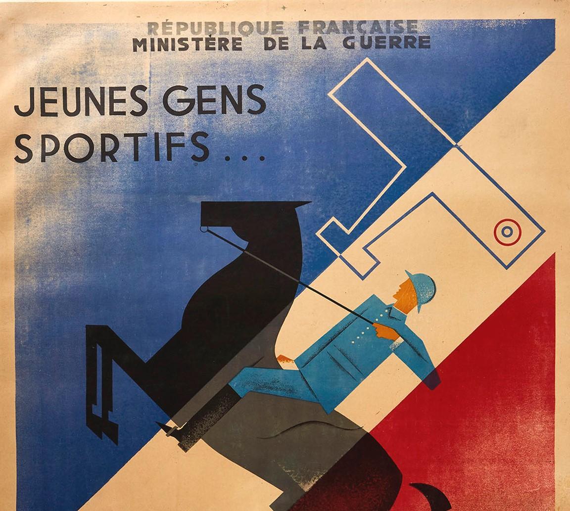 Original vintage military recruitment poster published by the French Ministry of War Republique Francais Ministere de la Guerre, Jeunes Gens Sportifs Engagez-vous dans l'Armee Francaise / Young Sporty People Join the French Army - featuring a