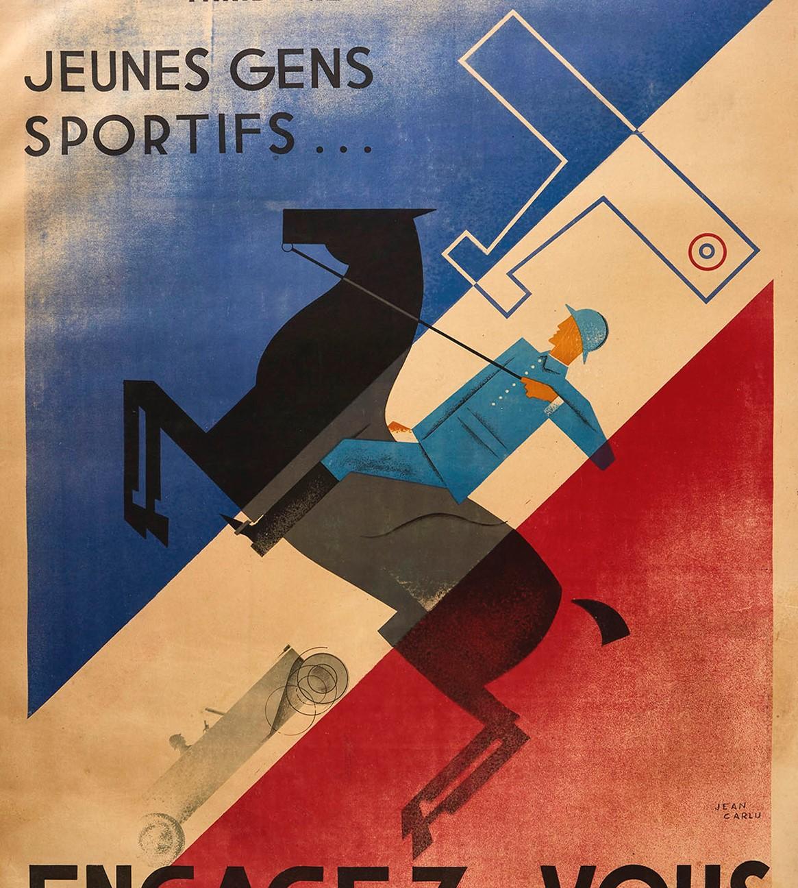 Français Affiche vintage d'origine d'un soldat de l'armée française - Sport - Art déco - Drapeau de cheval en forme de voiture en vente