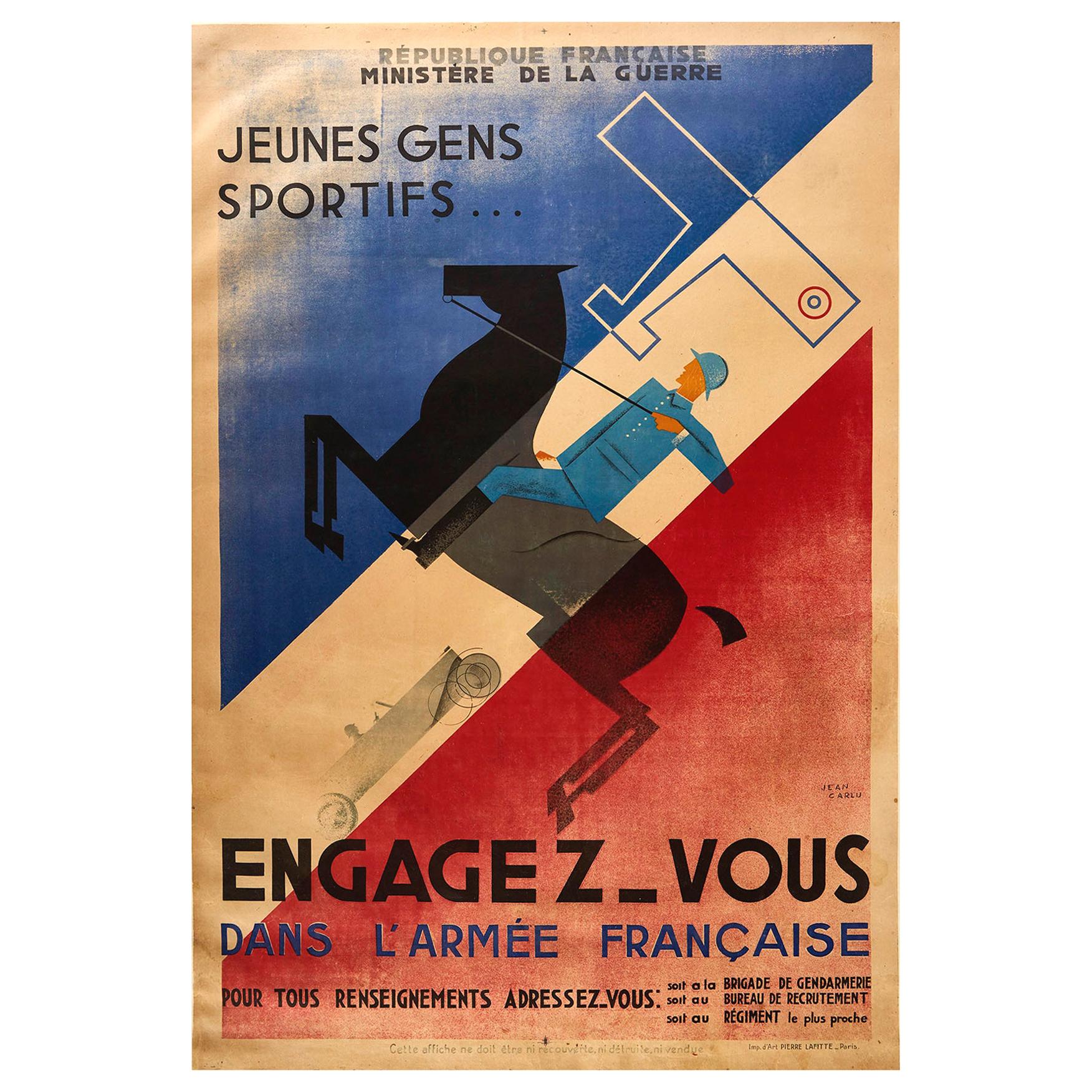 Original Vintage Poster French Army Soldier Sport Art Deco Horse Car Plane Flag For Sale