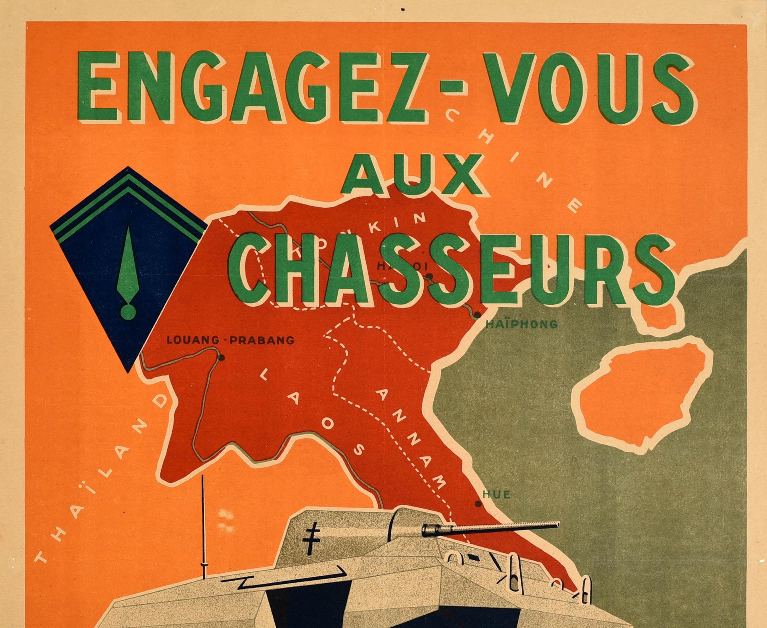 Original vintage French military recruitment poster - Join the Hunters of the 2nd Colonial Division of the Far East / Engagez-Vous Aux Chasseurs 2e Division Coloniale d'Extreme-Orient - featuring an image of a tank over a map of Vietnam and Cambodia