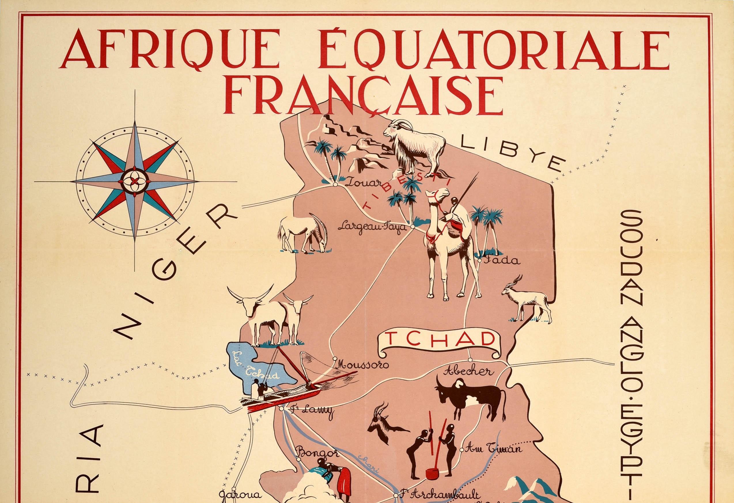 Original vintage pictorial map poster of French Equatorial Africa / Afrique Equatoriale Francaise featuring and illustrated design by J. Choain Audiberti marking and listing countries in the region including Nigeria, Niger, Libya, Chad, Cameroon,