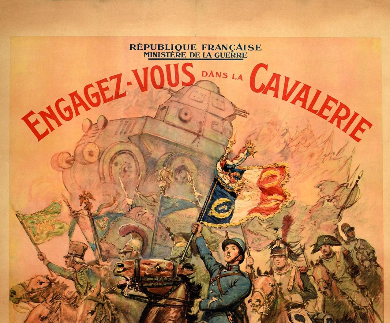 Original vintage French military recruitment poster encouraging men to join or rejoin the Cavalry - Engagez Vous Dans La Cavalerie. Colourful dynamic design by the French war correspondent and illustrator Georges Scott (1873-1943) featuring a modern