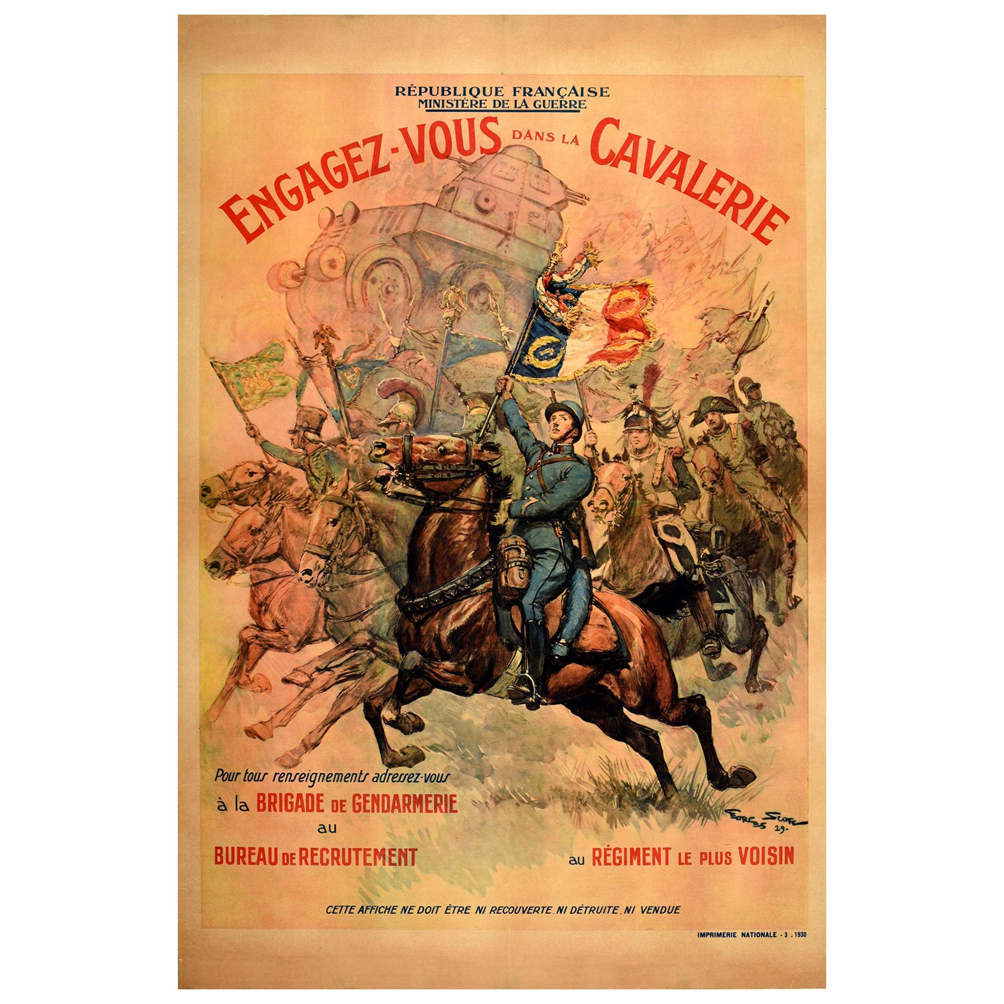 Affiche vintage d'origine française, recrutement militaire du régiment de cavalerie