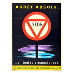 Original Vintage Poster French Road Safety Stop Sign Arret Absolu Speeding Cars