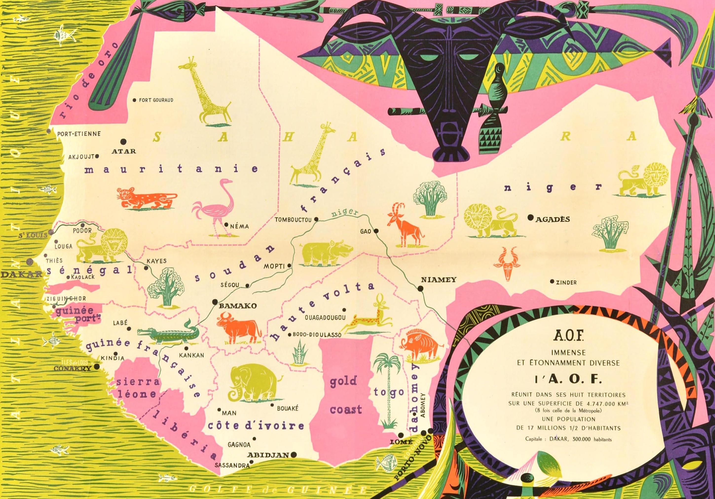 Original Vintage-Poster mit einer illustrierten Karte von Französisch-Westafrika / Afrique Occidentale Francaise, auf der die Hauptstädte, Städte und Häfen eingezeichnet sind, Sahara-Wüste und Flüsse in Mauretanien Senegal Guinea Sierra Leone