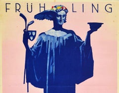 Original Vintage Poster Fruhling In Wiesbaden Spring Flowers Goddess Golf Clubs