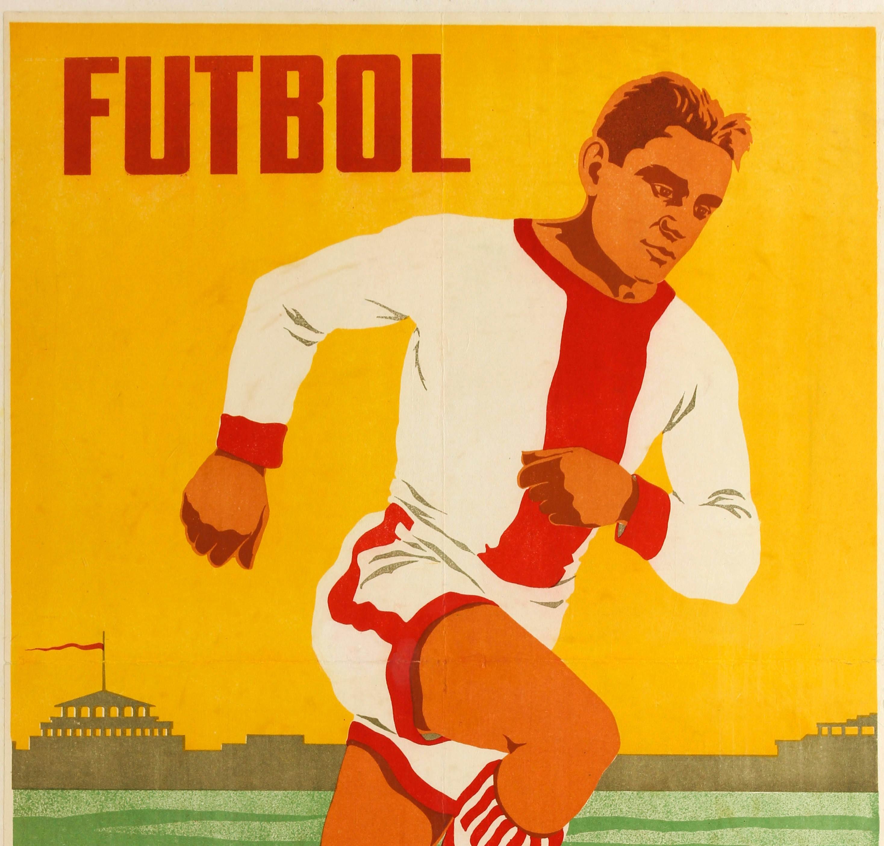 Original vintage Soviet sport poster - Futbol / Football - featuring a player wearing red and white kit running forward and kicking a ball with a red flag flying at the top of the building on the horizon against the yellow sky background, the bold