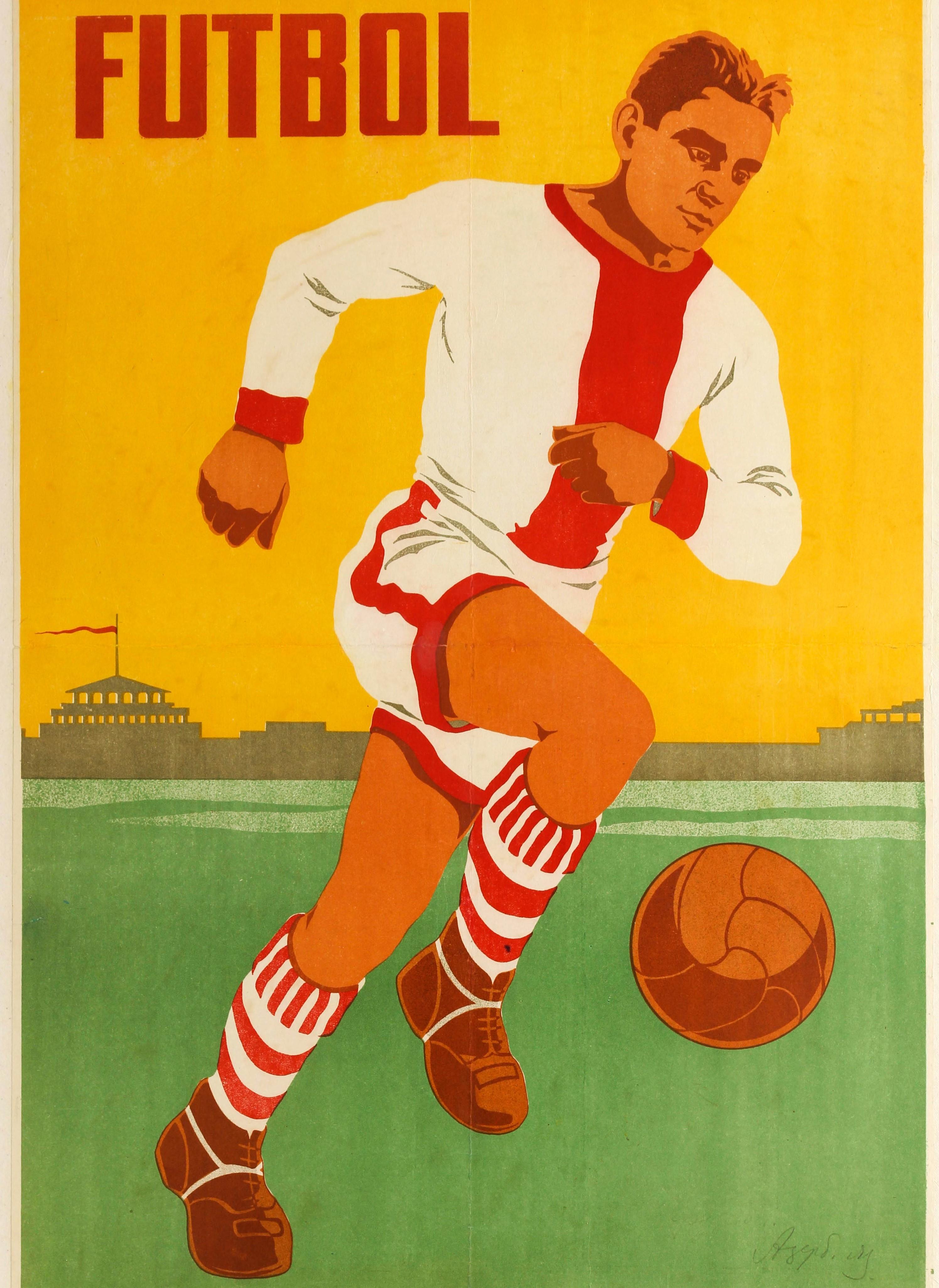 Original Vintage Poster Futbol Ft. Fußballspieler Aserbaidschan Sowjet Sport UdSSR (Aserbaidschanisch) im Angebot