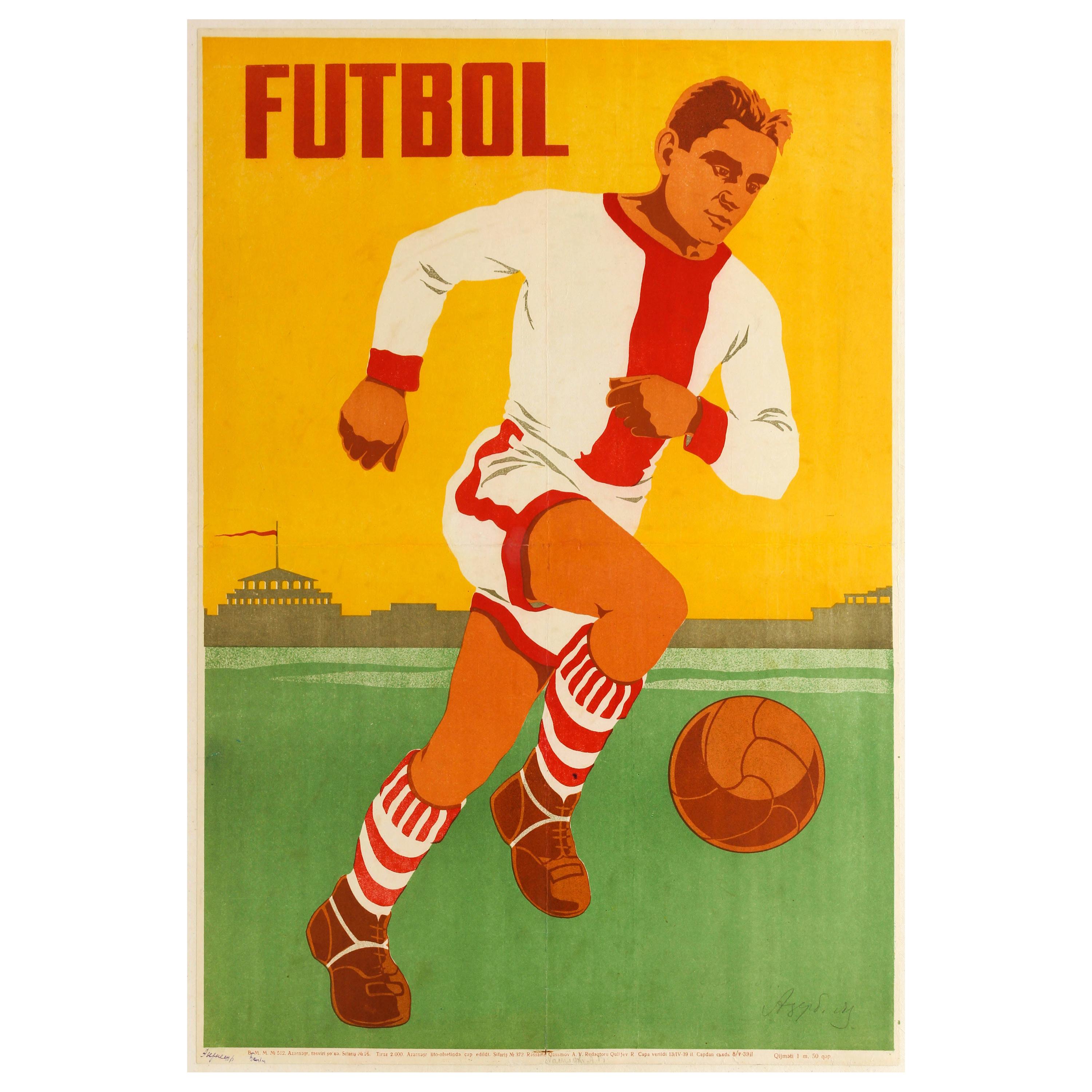 Original Vintage Poster Futbol Ft. Football Player Azerbaijan Soviet Sport USSR