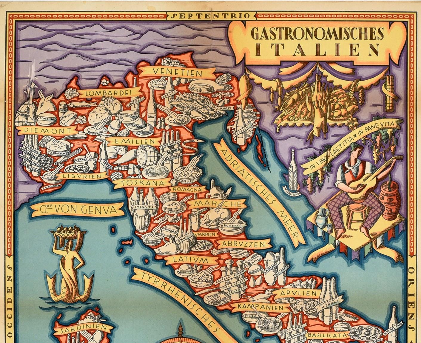 Original vintage poster entitled Gastronomisches Italien / Gastronomic Italy featuring a colourful illustrated map by Umberto Zimelli (1898-1972) detailing the signature food of each region in Italy with stylised lettering in German marking the