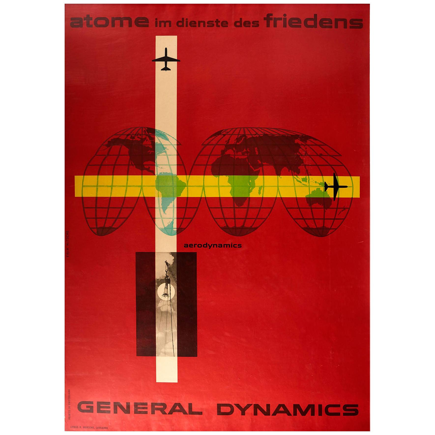 Original Vintage Poster General Dynamics Aerodynamics UN Atomic Energy World Map For Sale