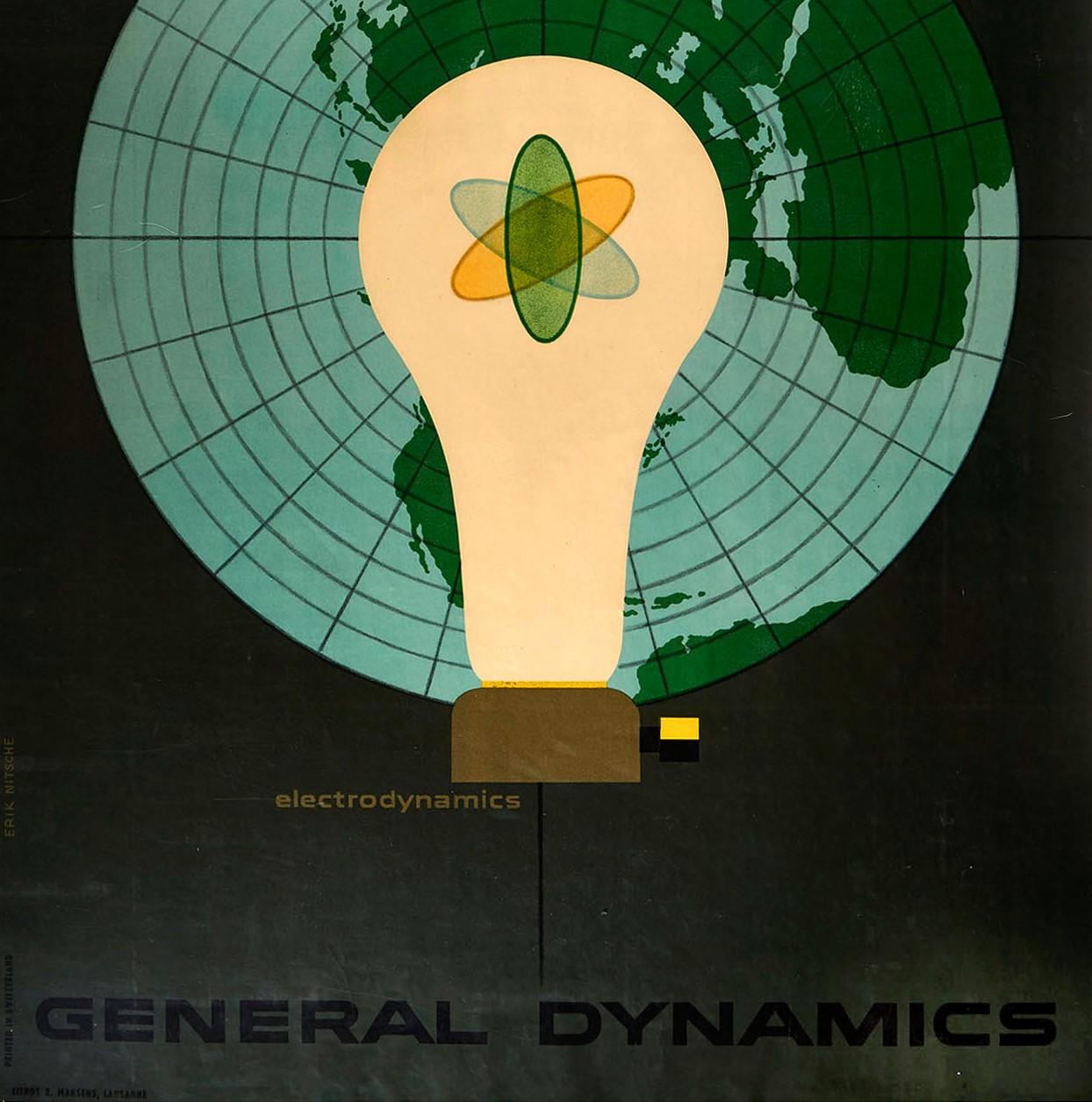 Swiss Original Vintage Poster General Dynamics Electrodynamics Atomic Energy Map Light For Sale