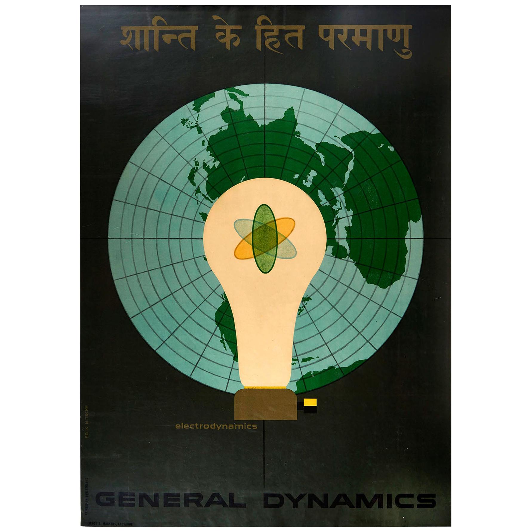 Original Vintage Poster General Dynamics Electrodynamics Atomic Energy Map Light For Sale