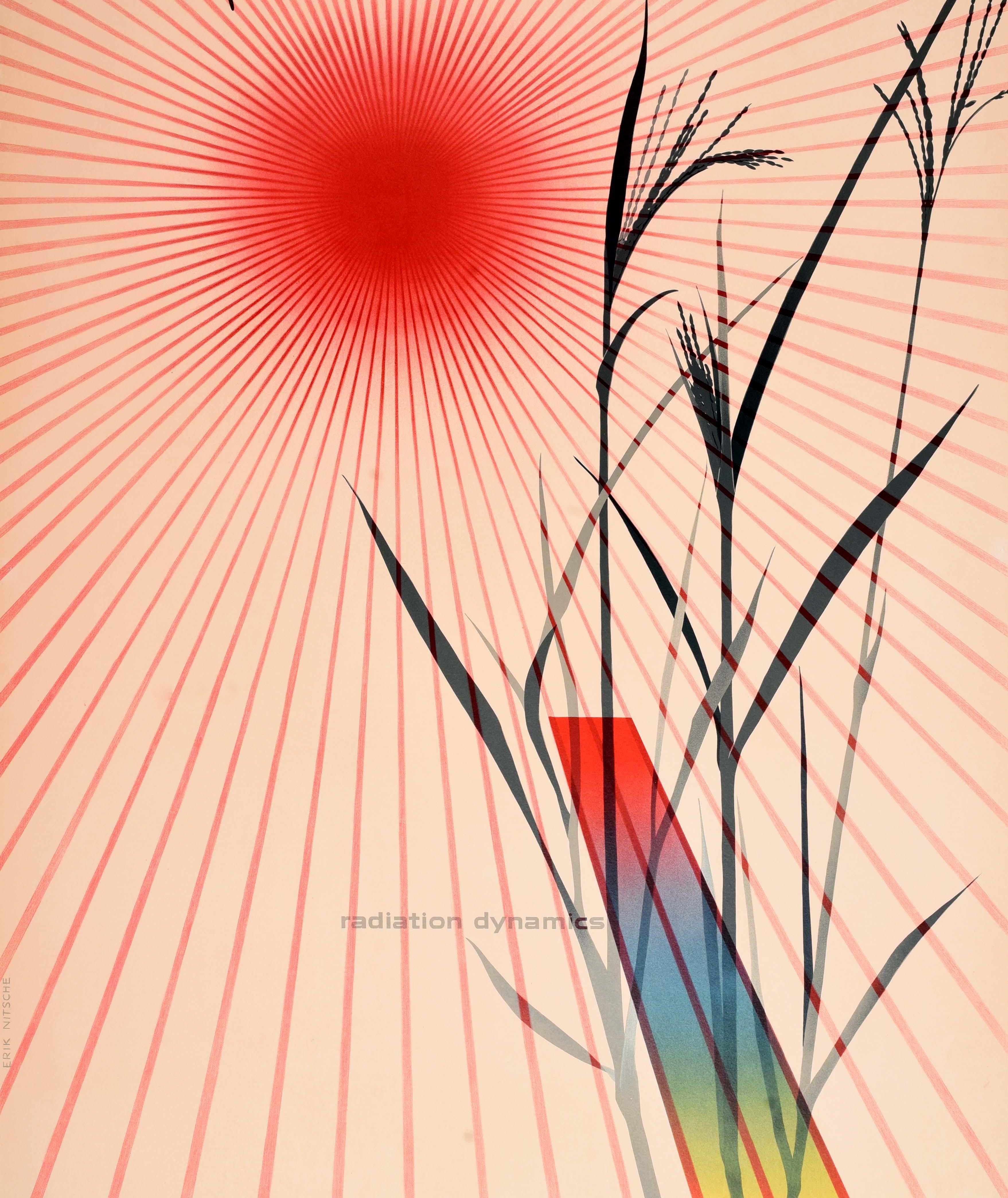 Original vintage General Dynamics poster by the illustrator, typographer and graphic designer Erik Nitsche (1908-1998) featuring a silhouette of wheat crops in black and grey with a bright red sun radiating red and pink lines from the background,