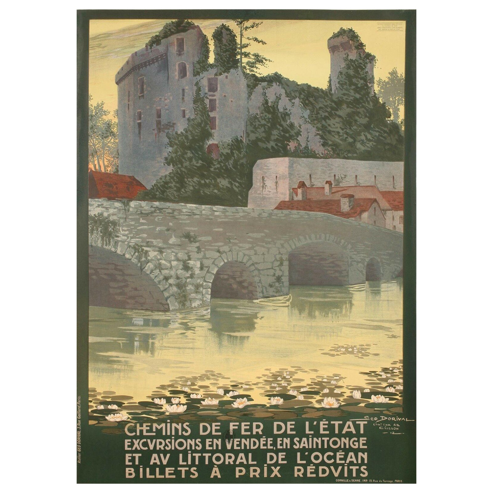 Poster originale d'epoca, Geo Dorival, Sud Vendée, Clisson, Oceano Atlantico, 1912