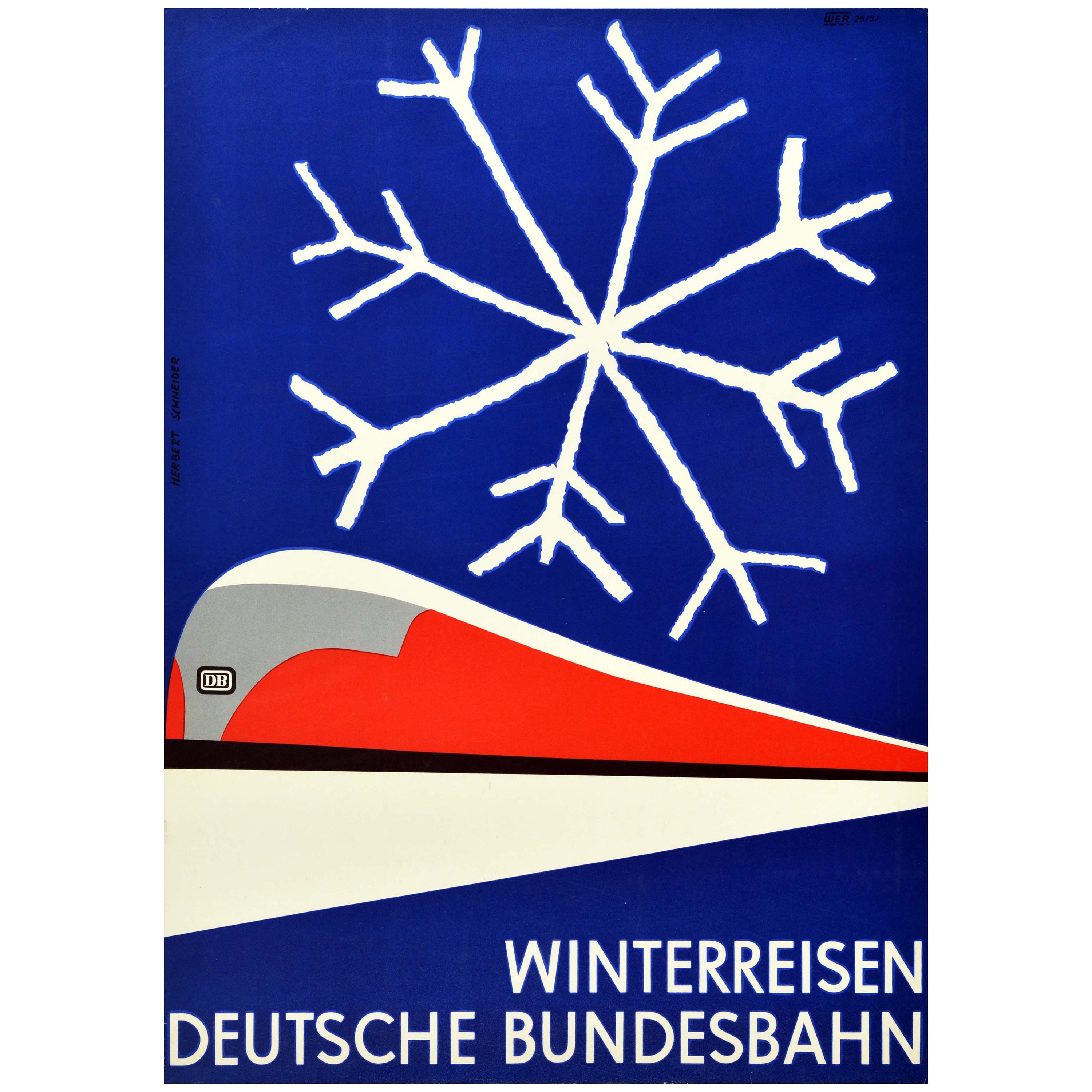 Original Vintage Poster German Federal Railways Winter Travel Mid-Century Modern