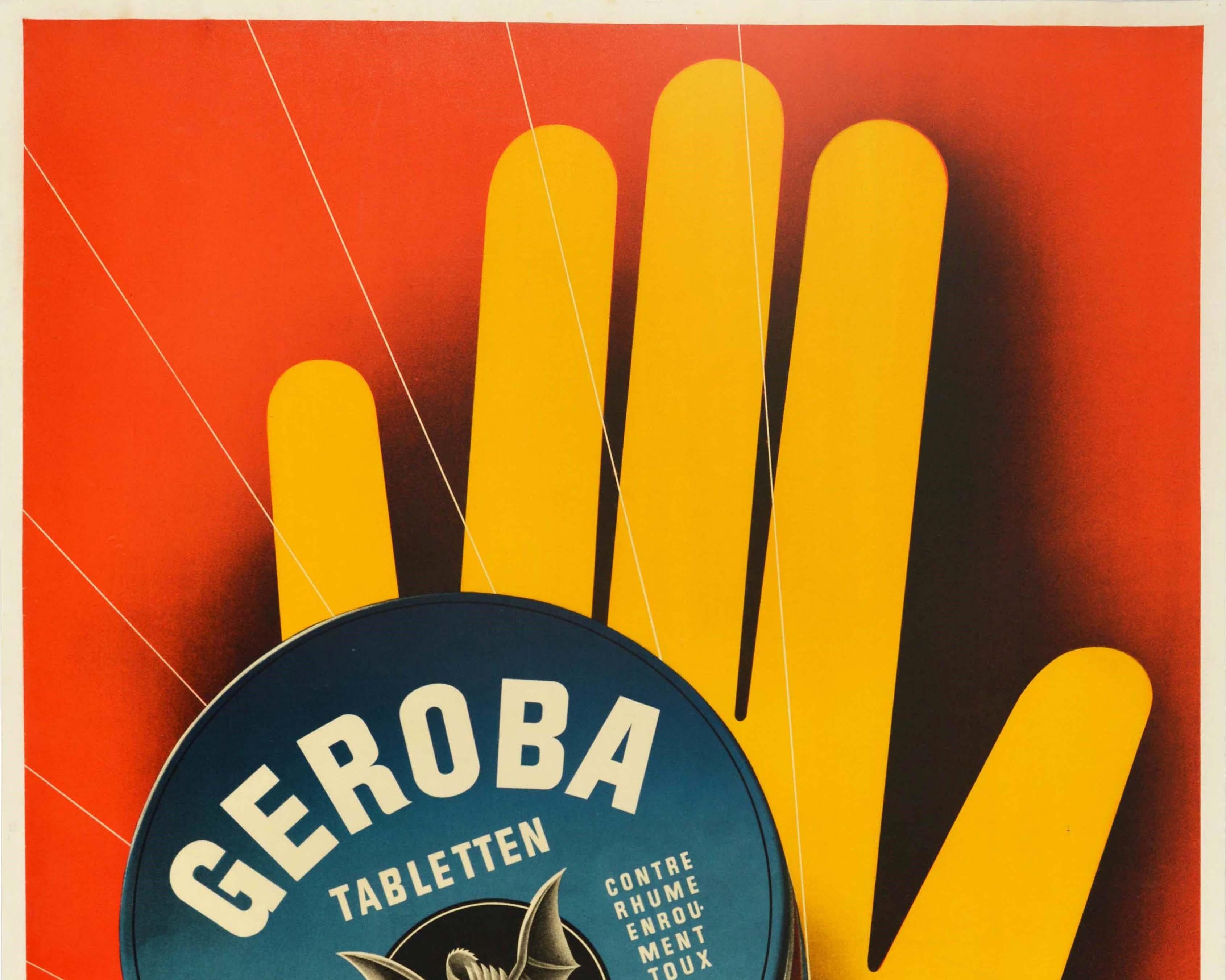 Originalplakat zur Werbung für Geroba Hustenbonbons mit einer großartigen grafischen Illustration von Edi Hauri (1911-1988), die eine gelbe Hand als Stoppsignal auf rotem Hintergrund zeigt, die eine Geroba-Tabletten-Dose hält, mit dem mythischen