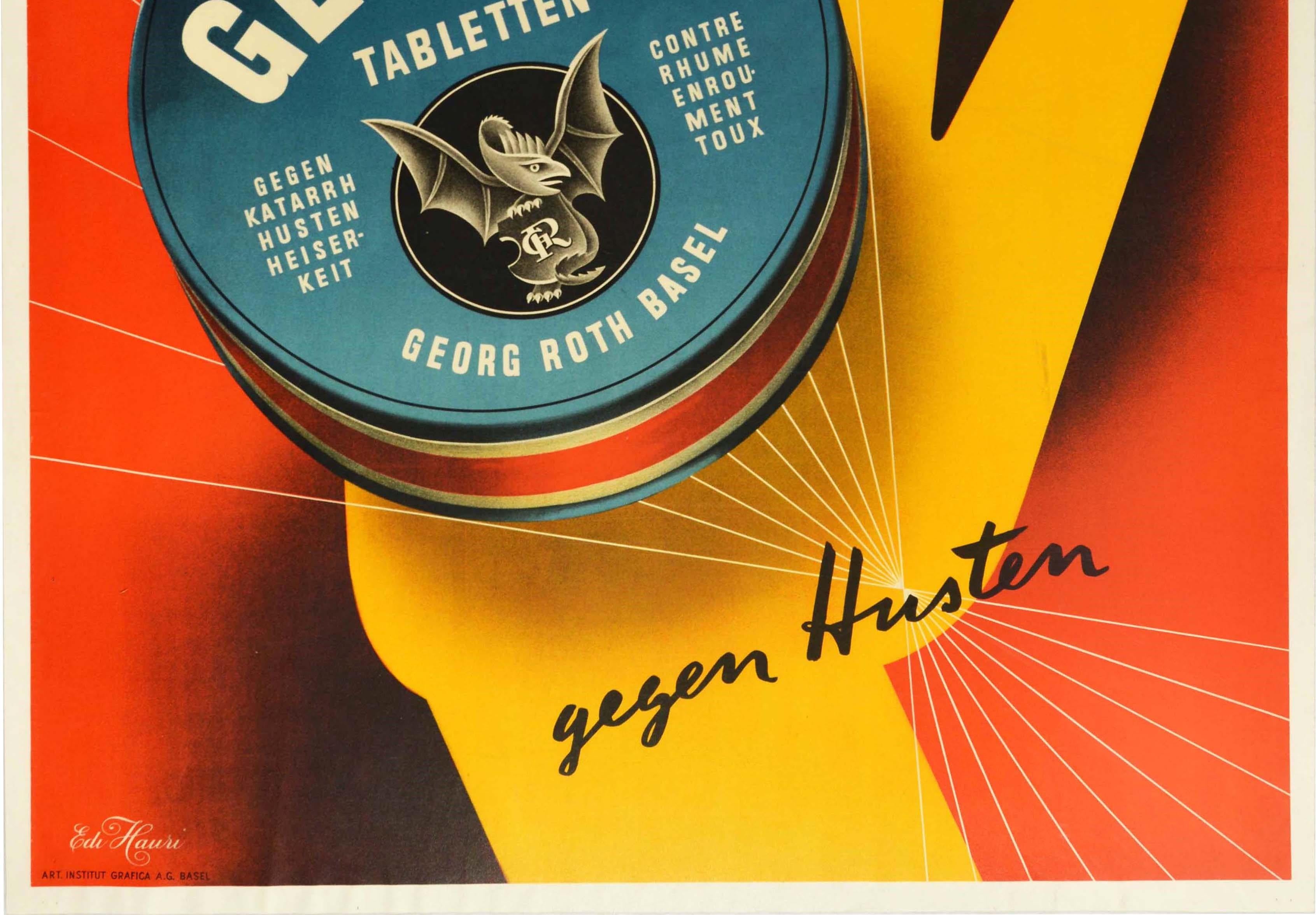 Suisse Affiche rétro originale Geroba Tabletten Cough Lozenges Health, Dessin graphique en vente