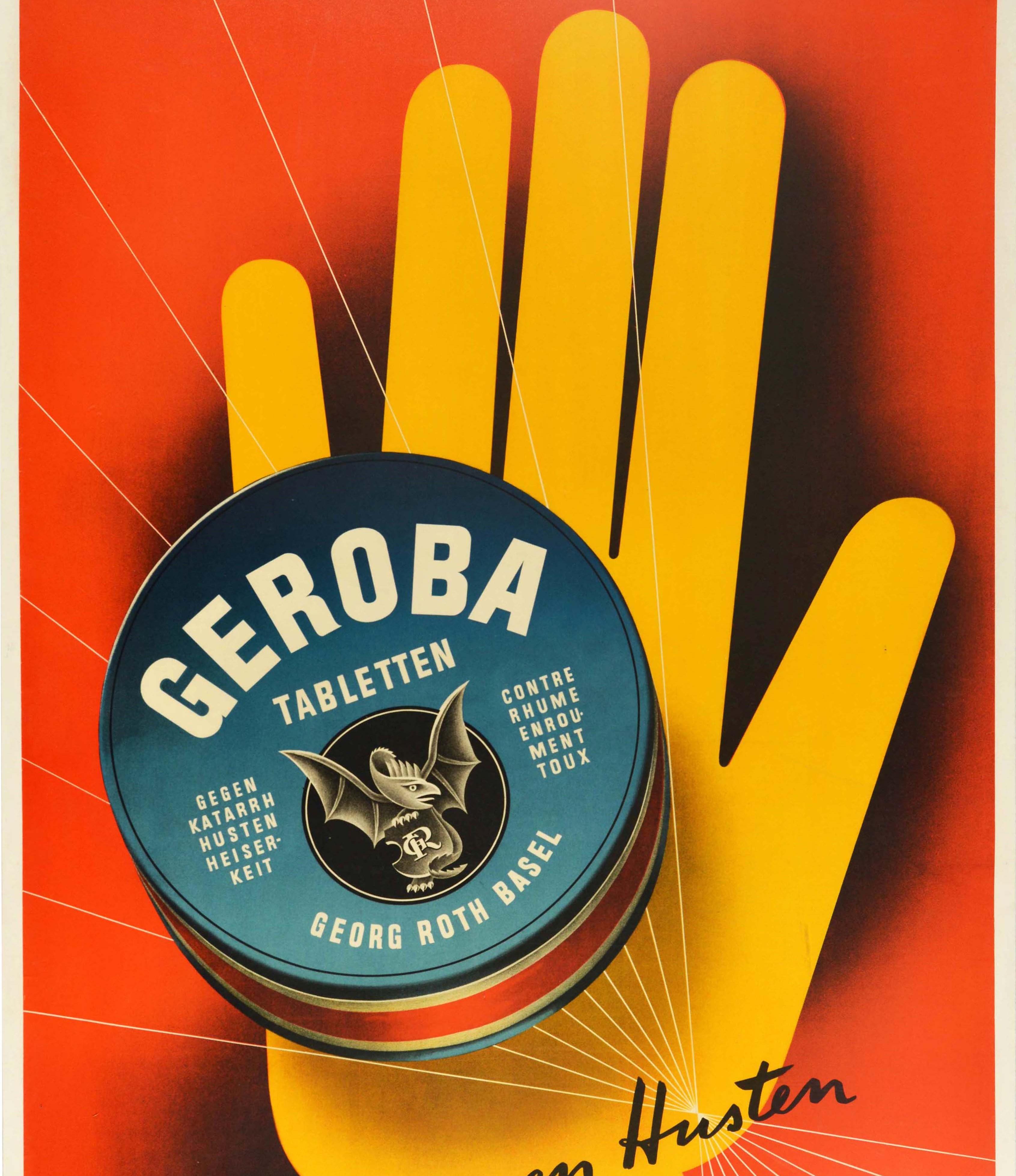 Affiche rétro originale Geroba Tabletten Cough Lozenges Health, Dessin graphique Excellent état - En vente à London, GB