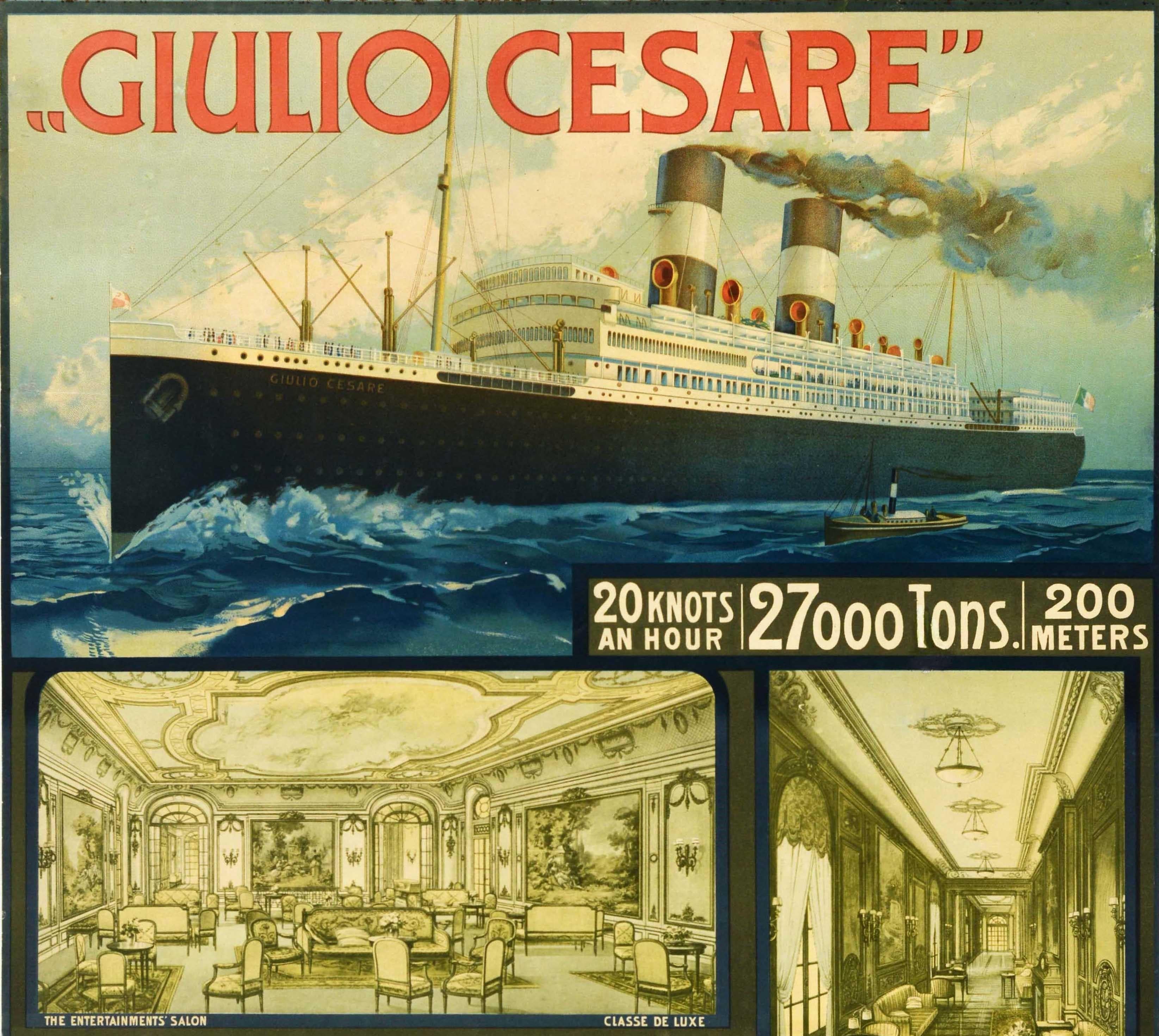 Original vintage cruise travel poster - Giulio Cesare Genoa Buenos Ayres Navigazione Generale Italiana - featuring an image of the ocean liner at sea above smaller views showing the Classe de Luxe / luxury class life on board the SS Giulio Cesare