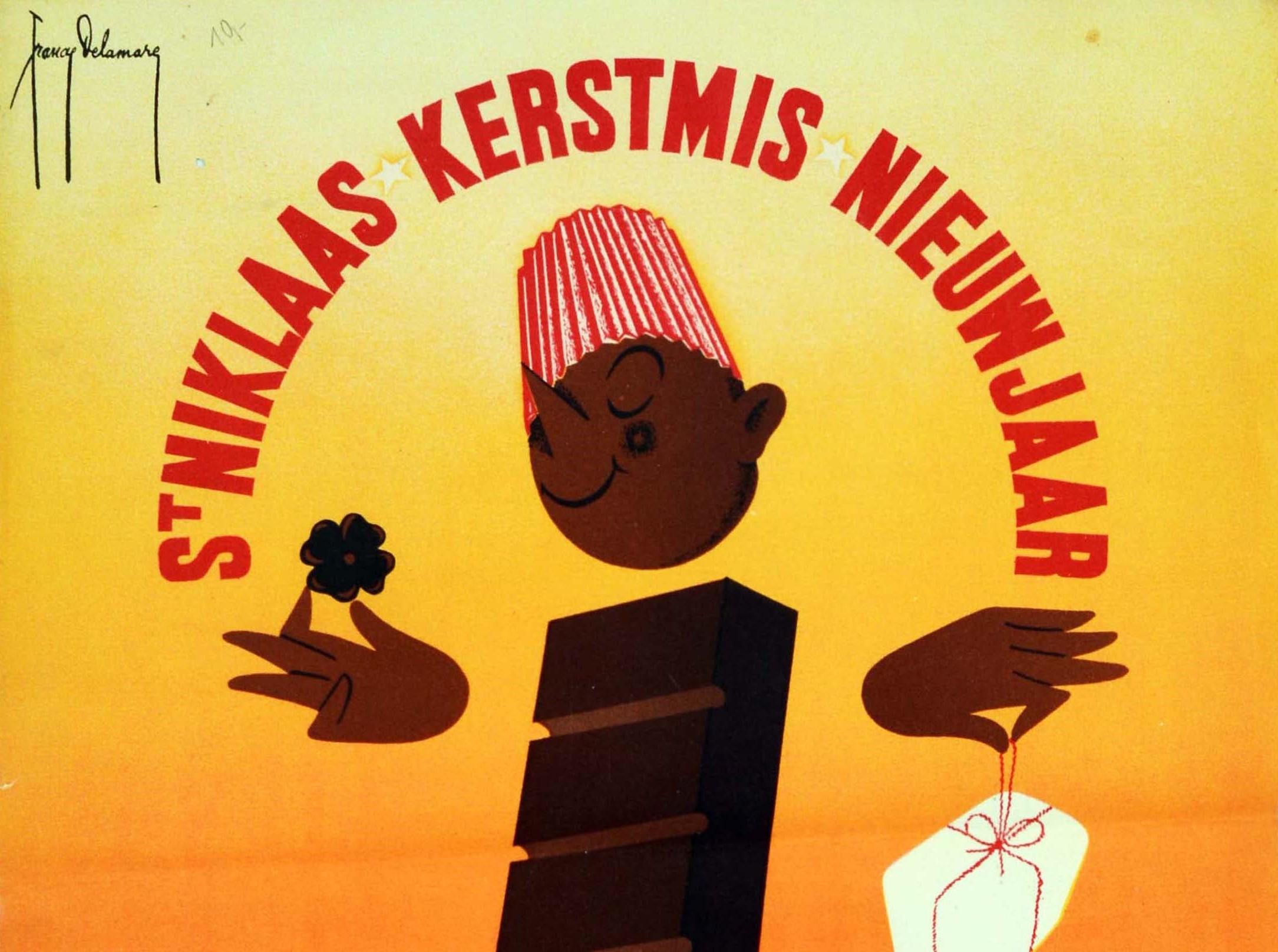 Original vintage food advertising poster for chocolate featuring a fun and colourful mid-century modern design by the Belgian poster artist Francis Delamare (1895-1972) showing stars between the bold red title text - St Niklaas Kerstmis Nieuwjaar /