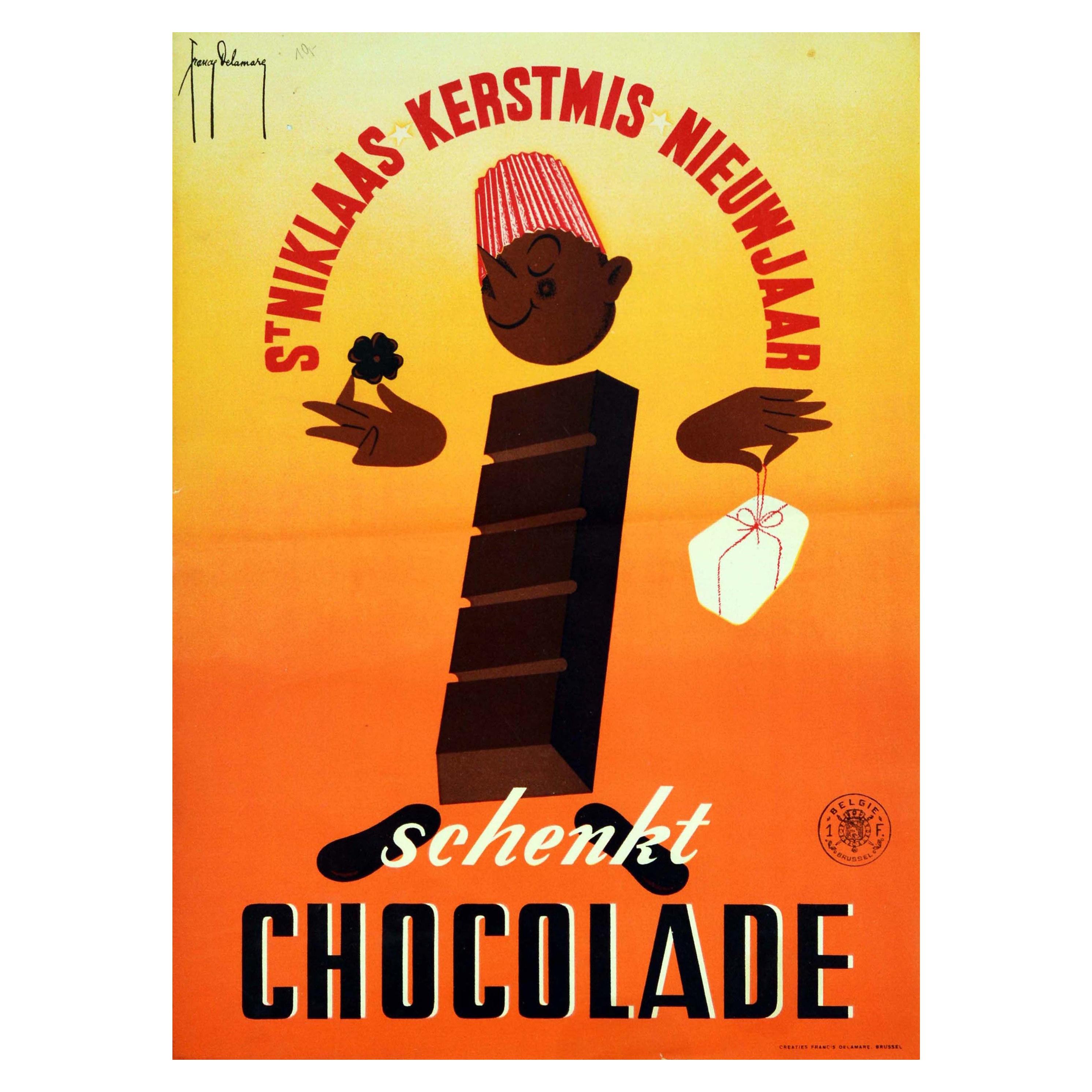 Original Vintage Poster Give Chocolate Gift Christmas New Year Midcentury Design