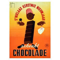 Original Retro Poster Give Chocolate Gift Christmas New Year Midcentury Design