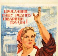 Original Vintage Poster Glorify Our Homeland Comrades With Work USSR Industry