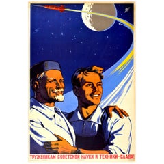Original Vintage Poster Glory To Soviet Science & Technology Workers USSR Space