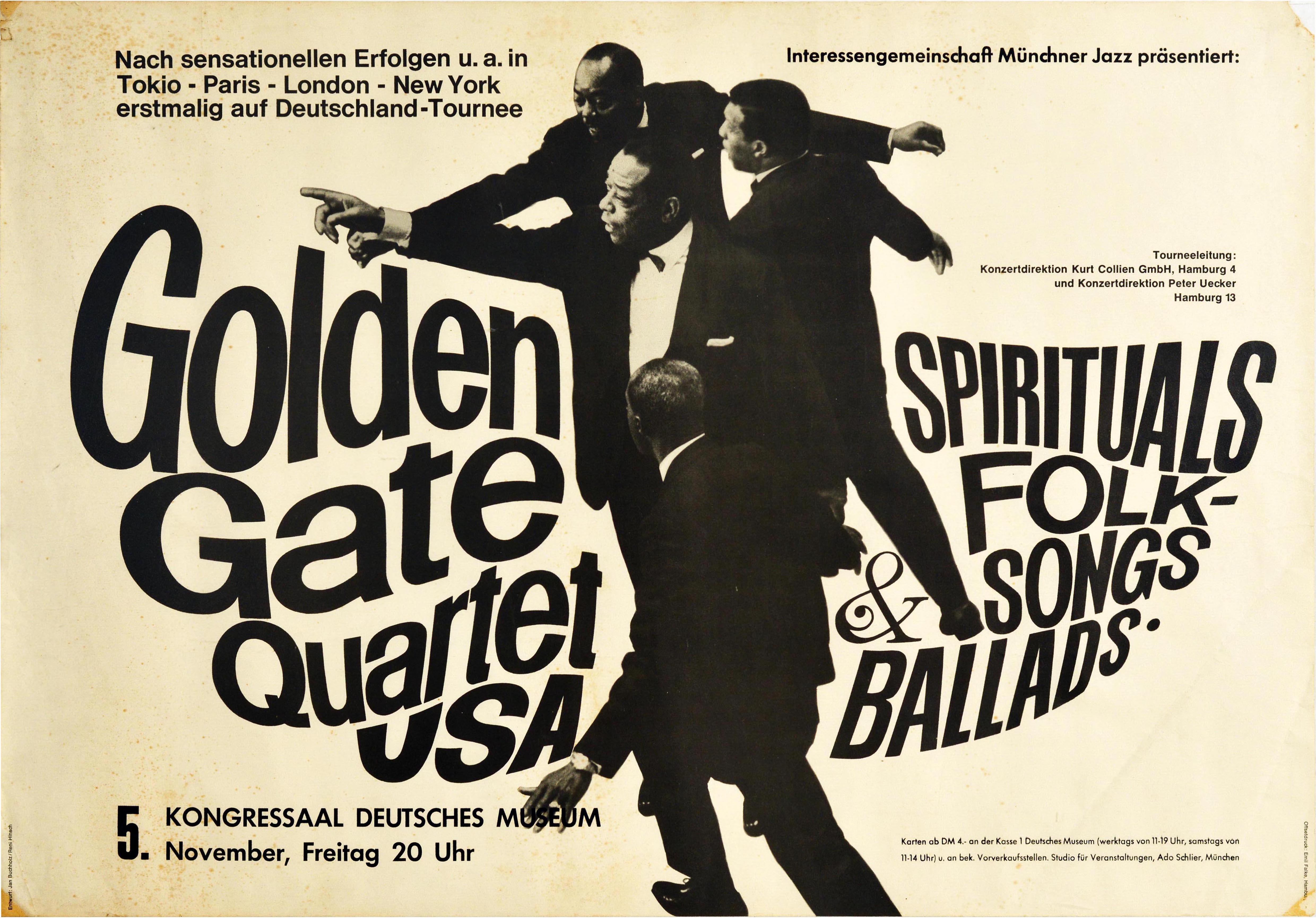 Original-Werbeplakat für ein Konzert des Golden Gate Quartet USA Spirituals Folk Songs & Ballads im Kongressaal des Deutschen Museums in München am 5. November, veranstaltet von der Interessengemeinschaft Münchner Jazz. Großartiges Design, das die