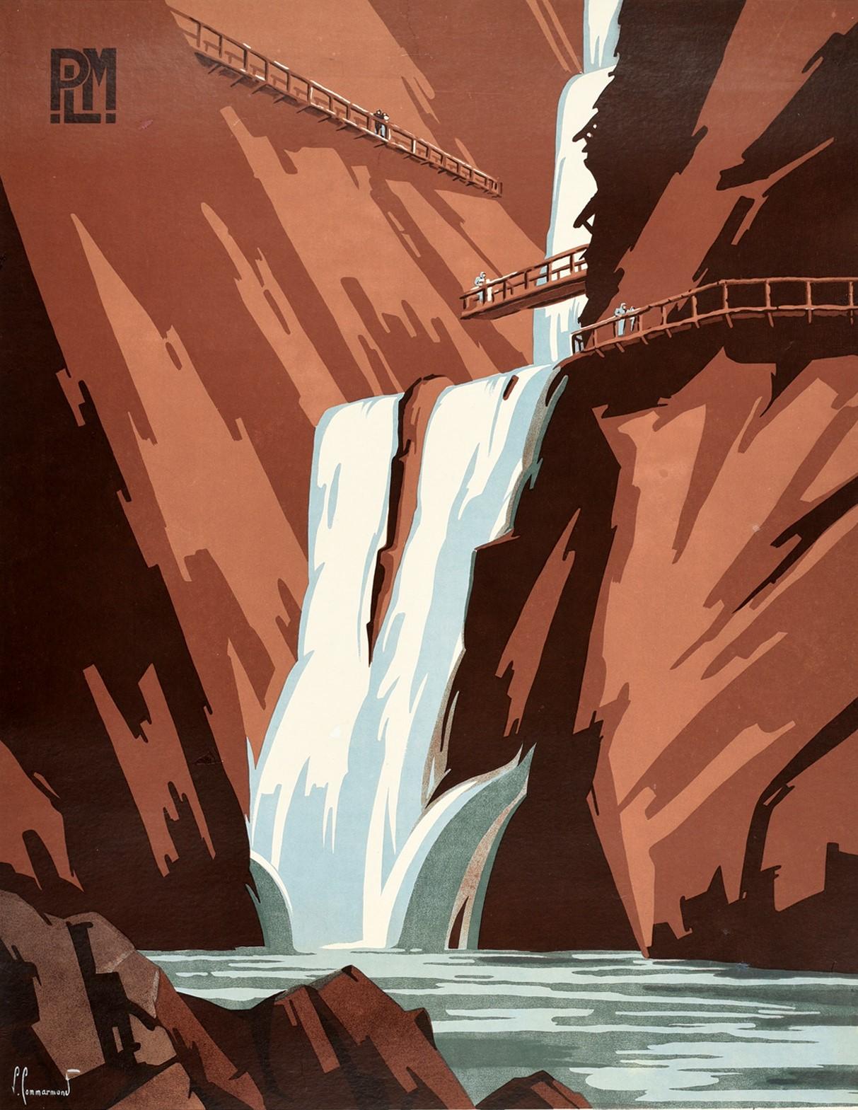 Original vintage PLM Paris Lyon Mediterranee railway travel poster for the Gorges de la Diosaz Vallee de Chamonix Servox featuring a stunning scene of the dramatic narrow valley gorge with water falling down the rocks and tourists walking along and