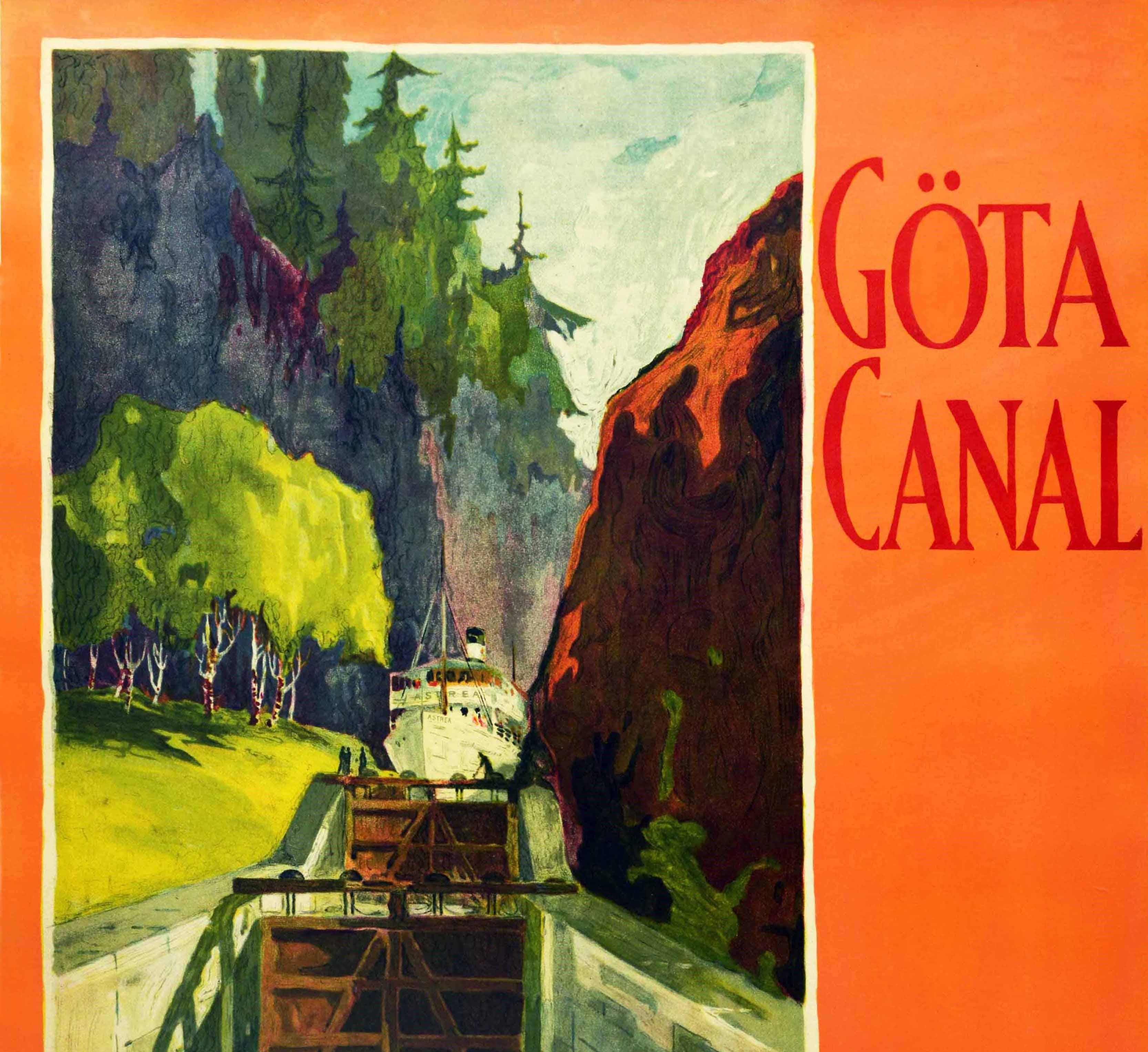 Original vintage travel poster advertising A Cruise through Fairyland featuring artwork by the Swedish artist Hjalmar Thoresson (1893-1943) depicting the pleasure cruise Astrea sailing through the Gota Canal surrounded by lush green trees and a