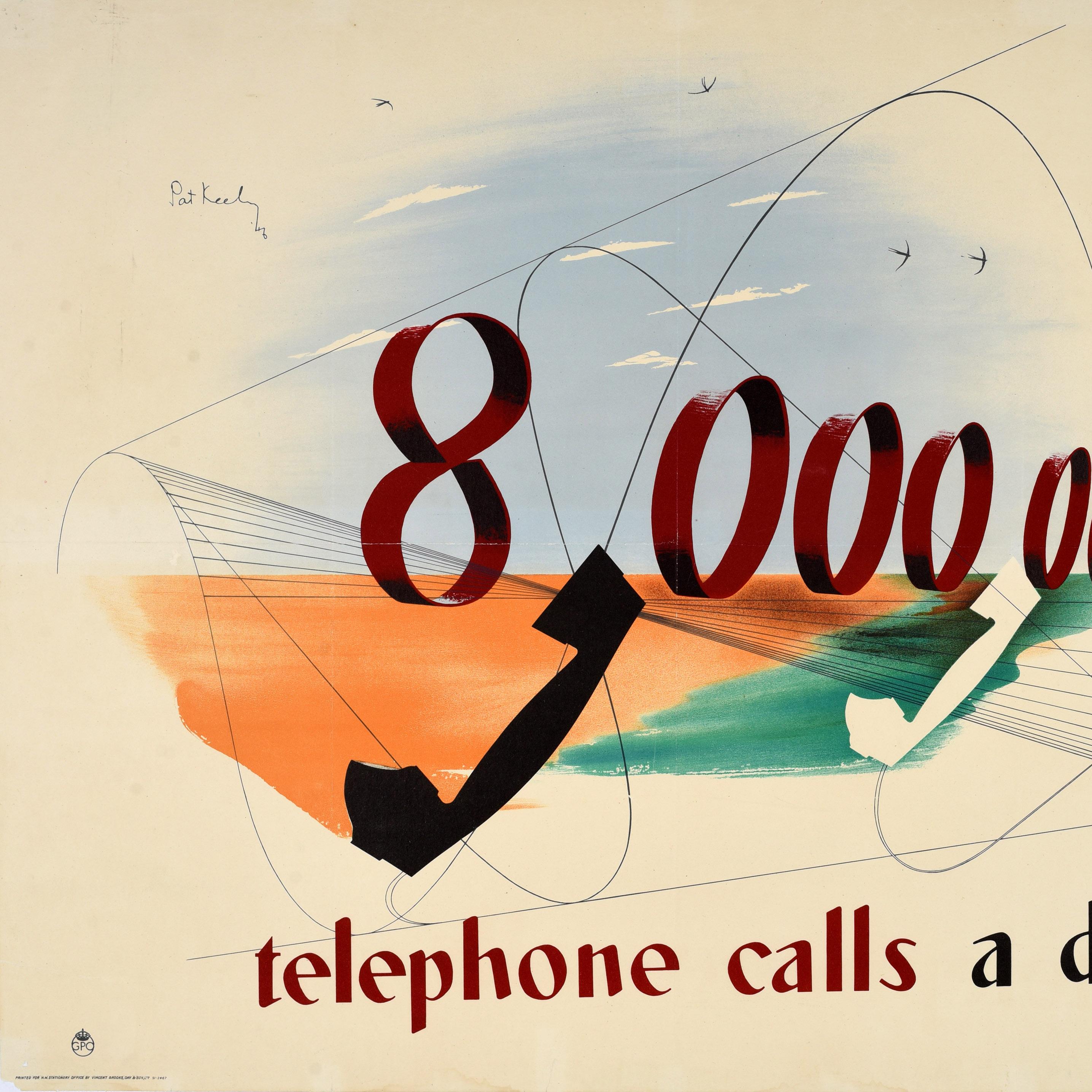 Original vintage poster published by the General Post Office GPO - 8,000,000 telephone calls a day - featuring a great graphic design by the notable British artist Pat Keely (Patrick Cokayne Keely; 1901-1970) depicting the large numbers in deep red