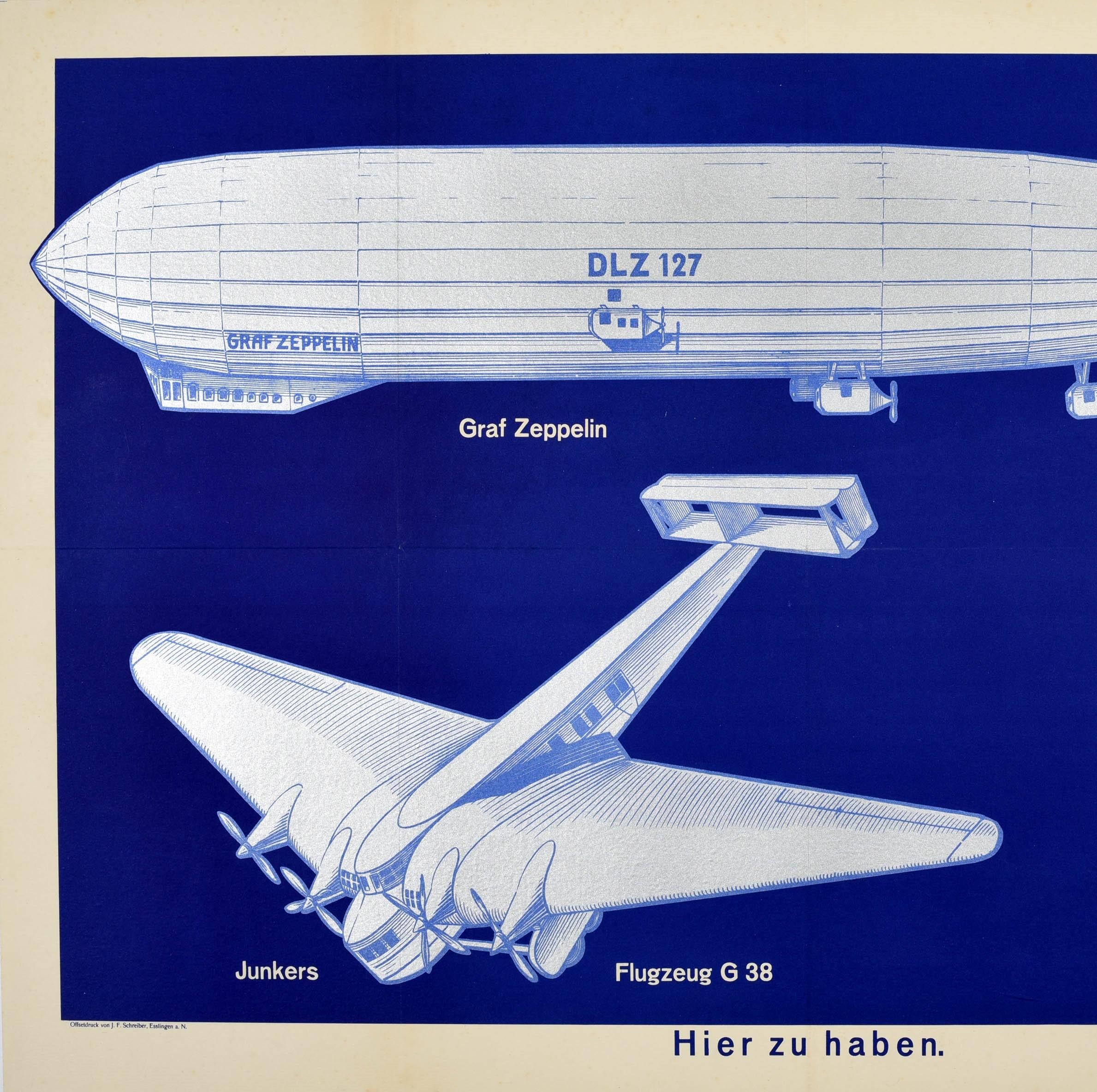 Original vintage poster advertising Schreibers Technische Modellierbogen / Technical Air Modelling kits featuring images of a Graf Zeppelin marked DLZ 127 and Junkers Flugzeug G38 aircraft on a blue background with the measurements and details on