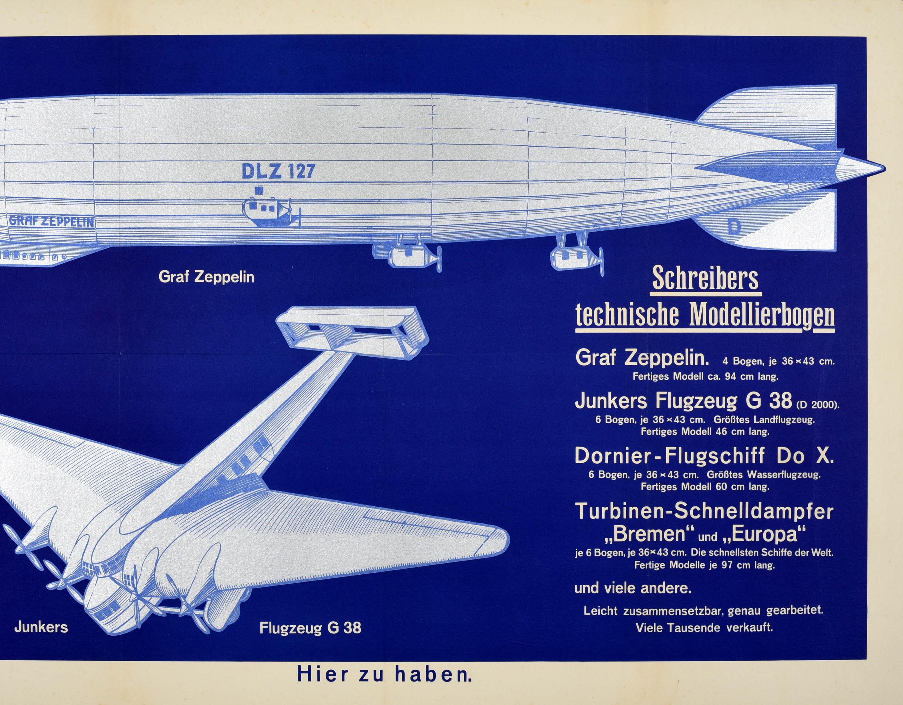 German Original Vintage Poster Graf Zeppelin Schreibers Models Junkers Flugzeug G38 For Sale