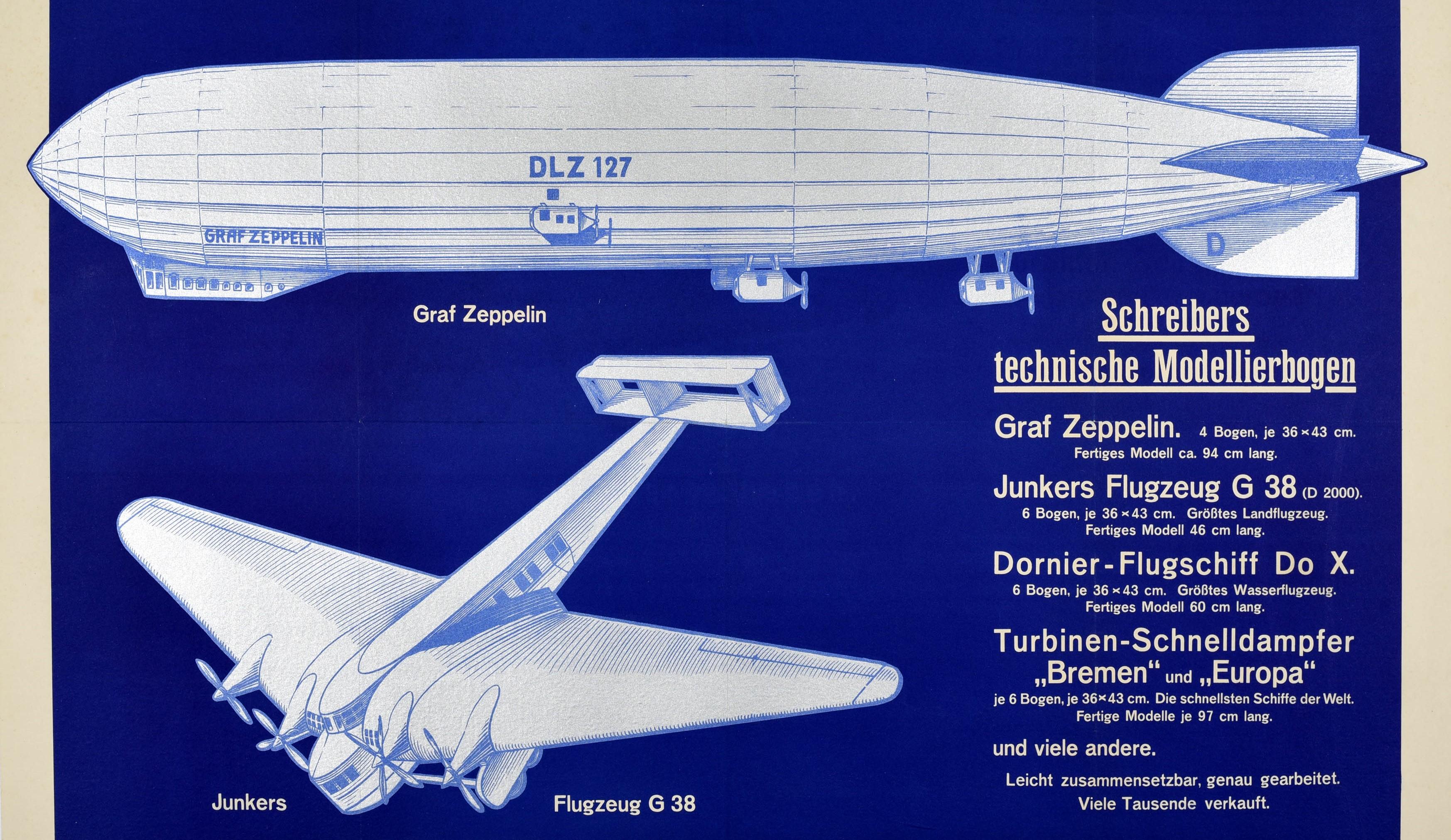 Original Vintage Poster Graf Zeppelin Schreibers Models Junkers Flugzeug G38 In Good Condition For Sale In London, GB